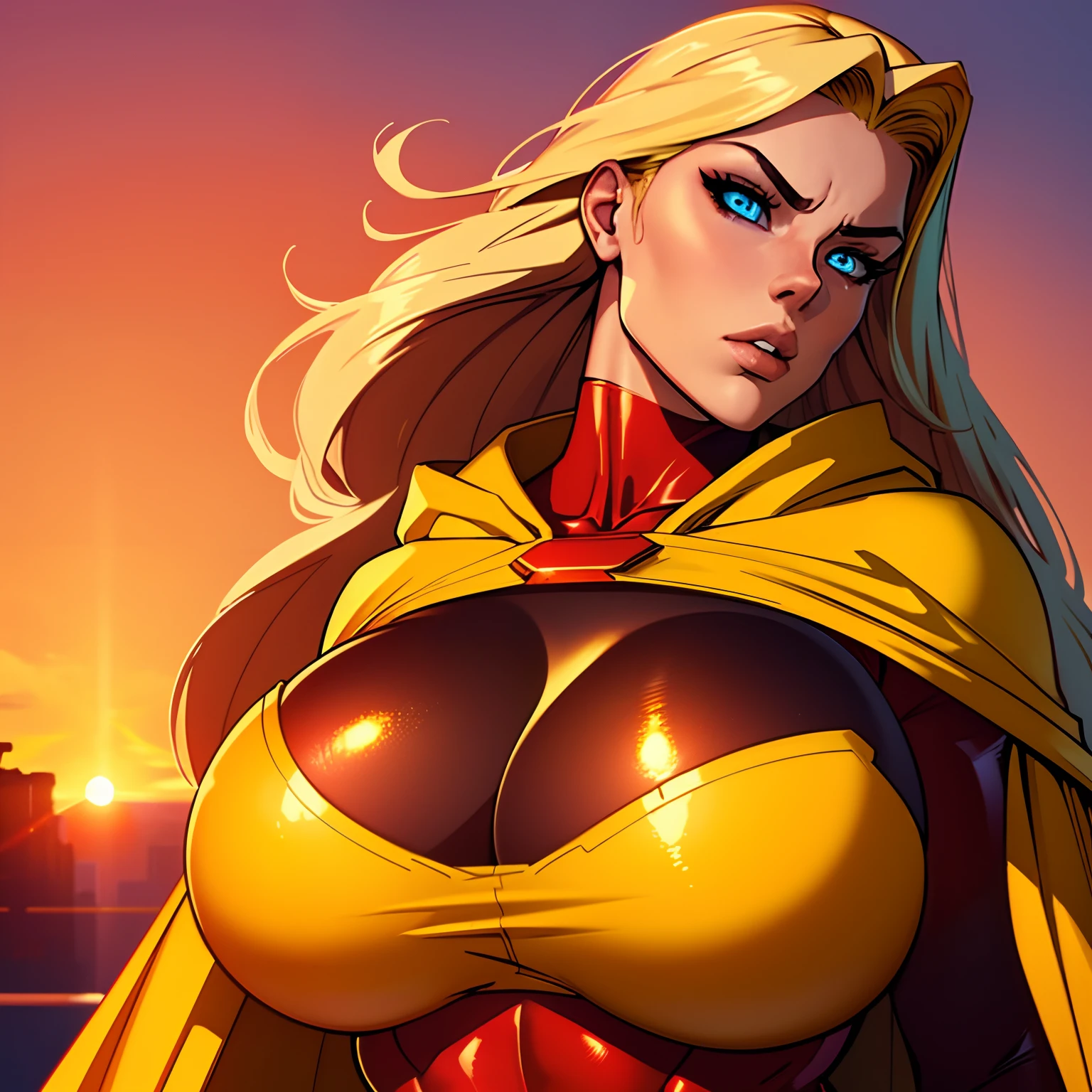 Female huge breasts strong  fit sexy Russian super hero attractive intimidating glowing eyes long blonde hair body red body suit with yellow cape sunset