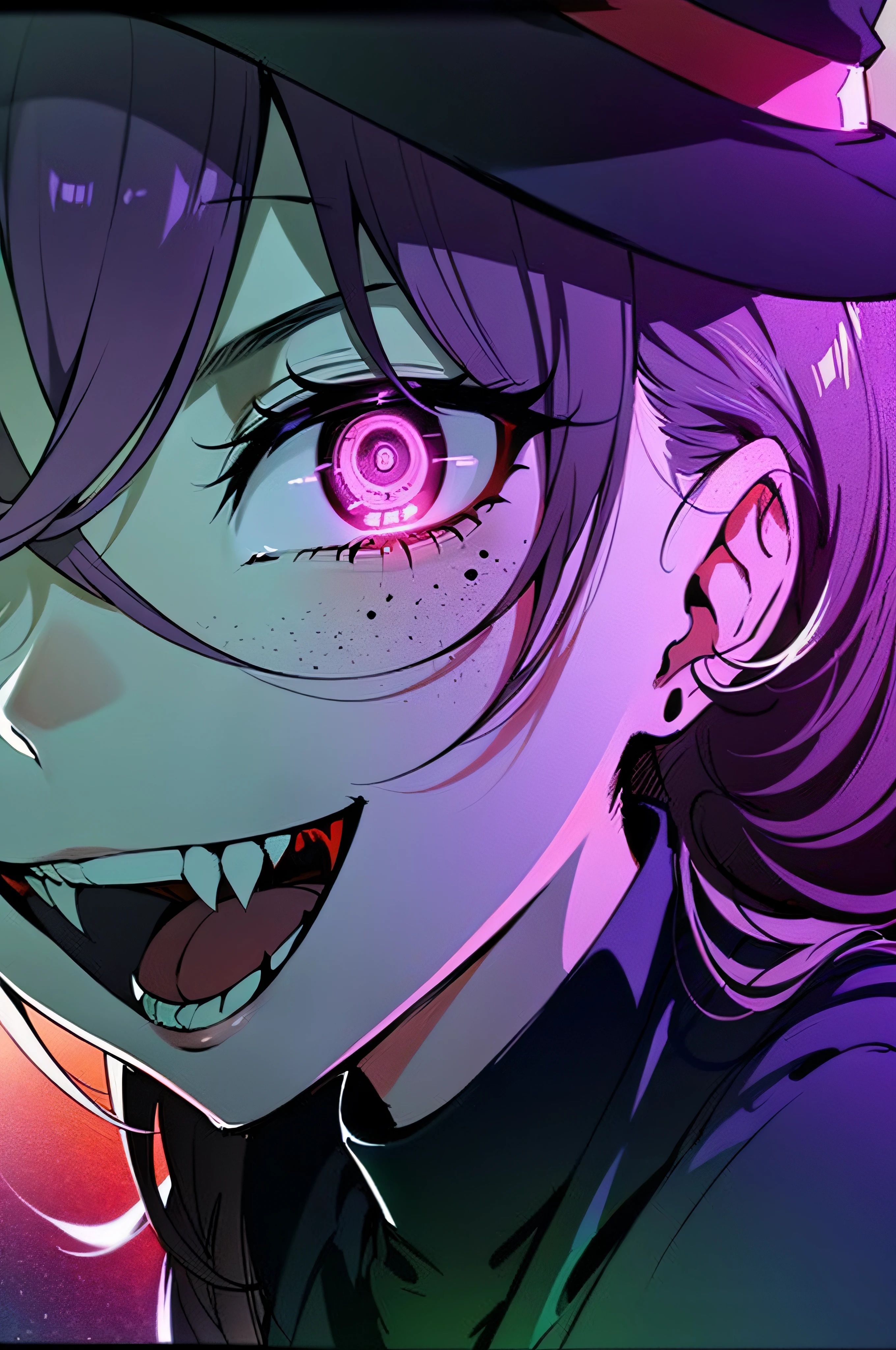 a close up of a woman with horns, glowing eyes, excited but crazy about you, swirling pupils, luminescence, vampire teeth, witch, supernatural, ghostly, alternative, apartment room, spooky Halloween time!, purple and oranges,