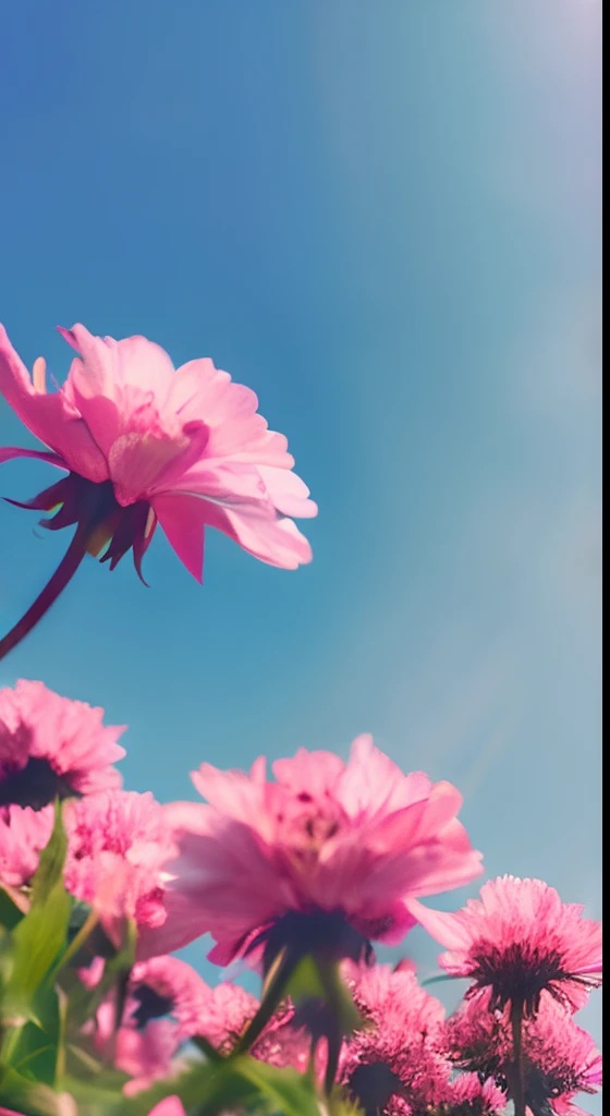 Pink flowers,Hazy background,and the sun was shining brightly,high detal,Perfectcomposition,first person perspective。