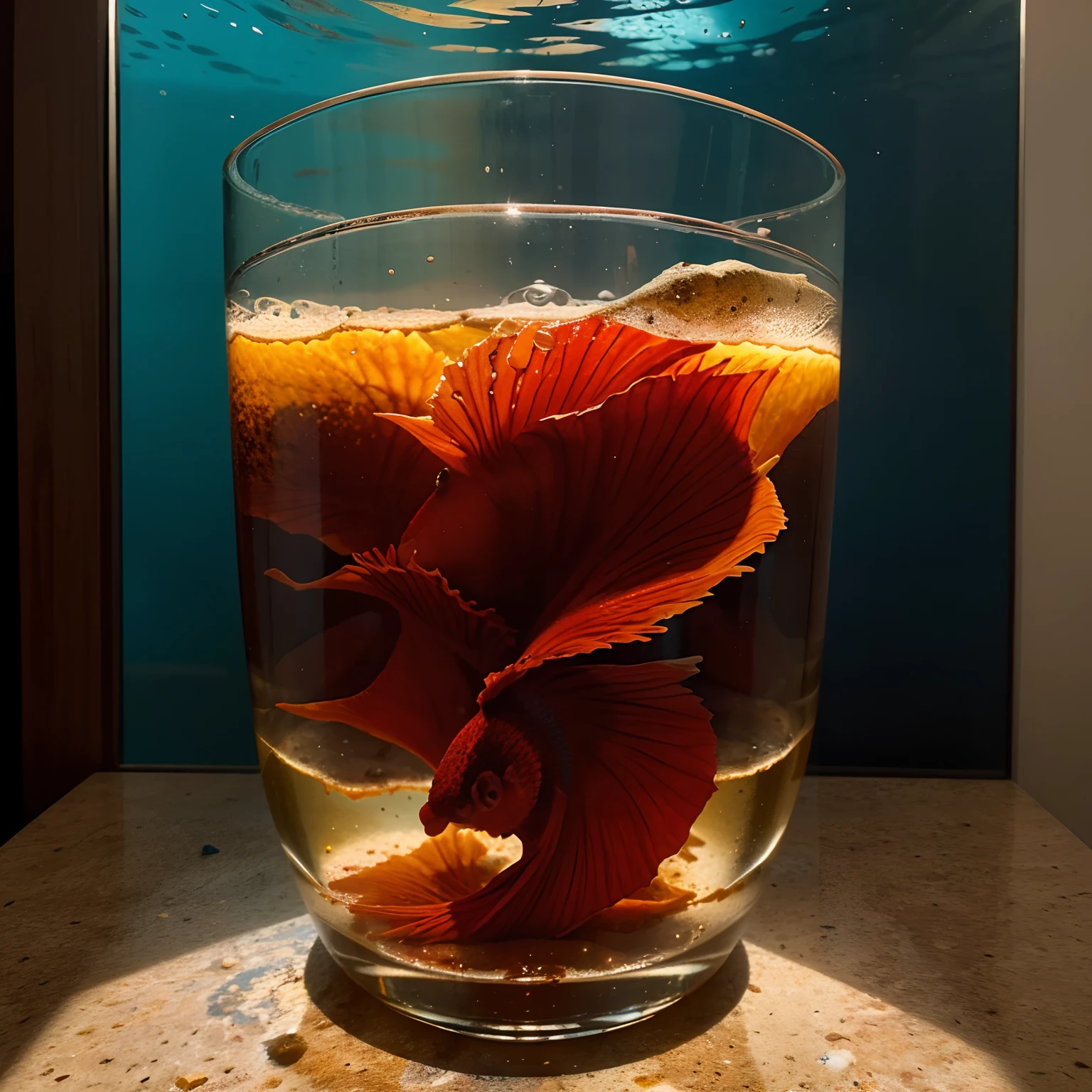 Peixes Betta cor vermelha vinho, foto Cartoon , 8 K , Background a glass aquarium , bem detalhado .