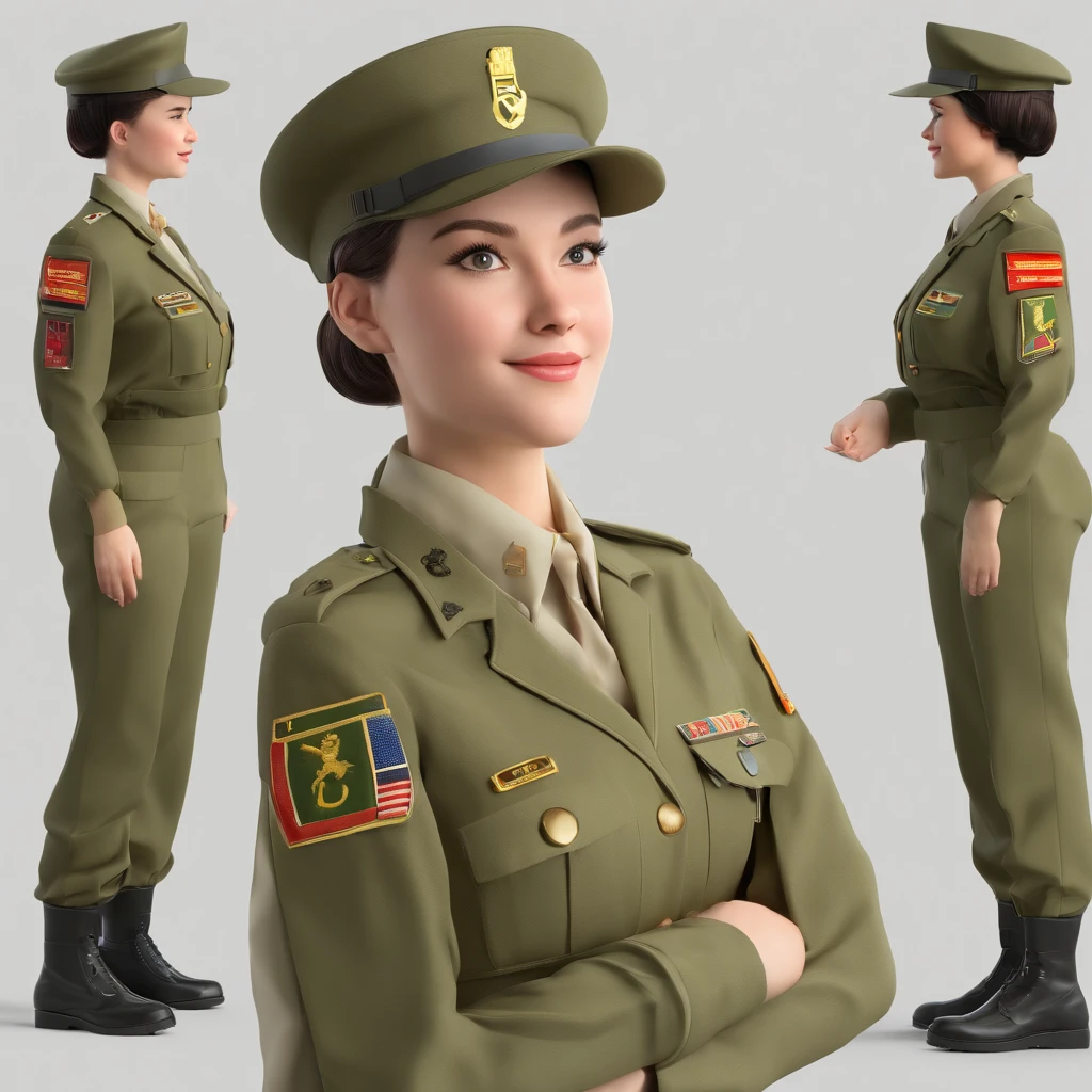 Female Love in Army Civilian Uniform is a smiling 20-year-old human girl, standing on your feet,full bodyesbian