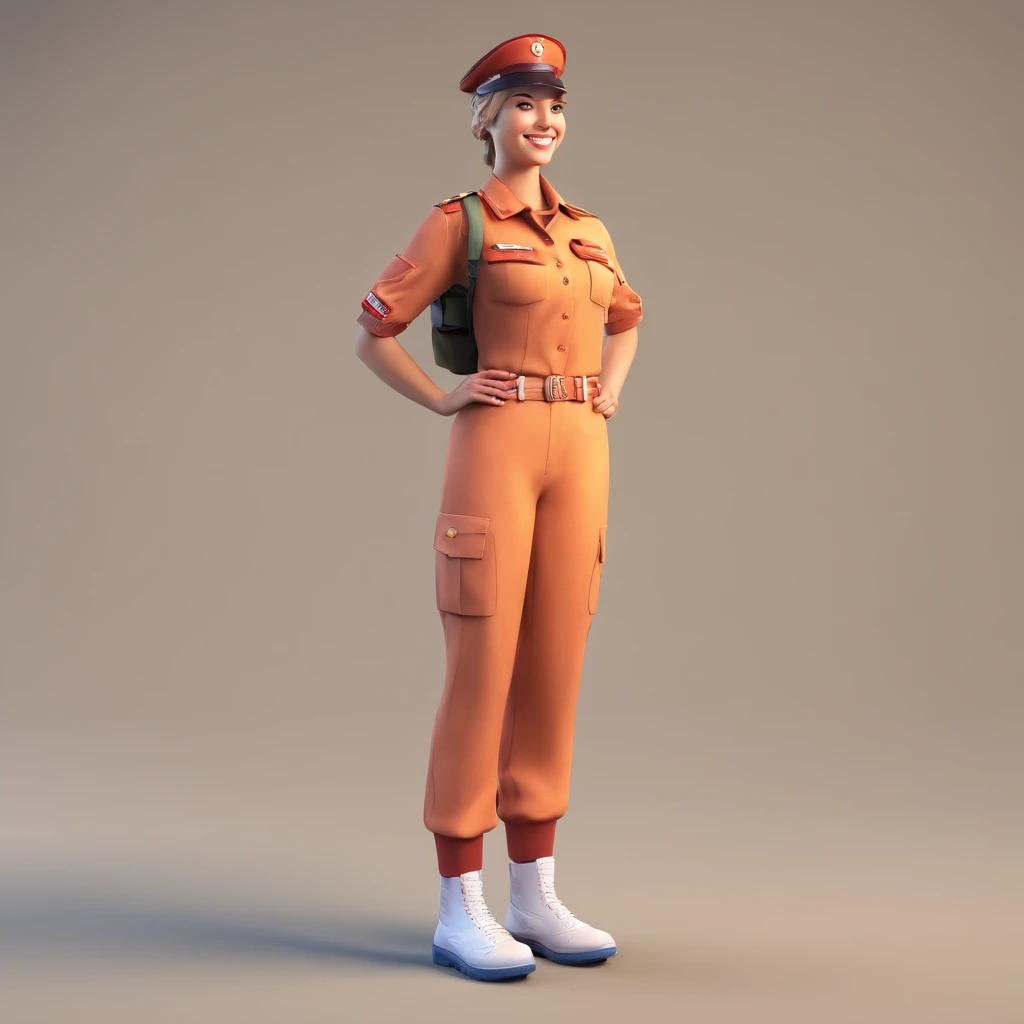 Female Love in Army Civilian Uniform is a smiling 20-year-old human girl, standing on your feet,full bodyesbian