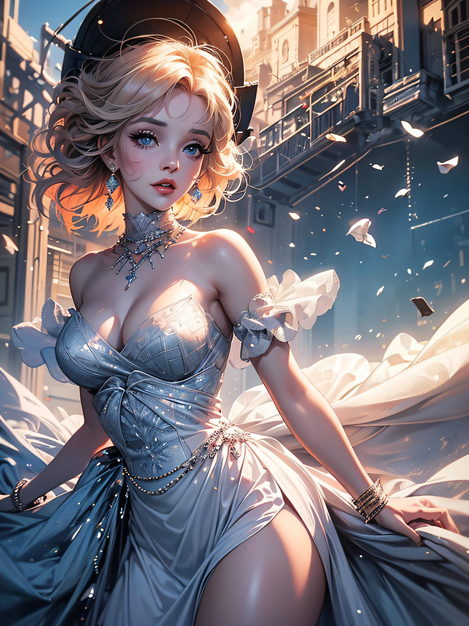 Marilyn Monroe, hyper-detailed matte blue eyes, small mouth, voluminous full pink lips, perfect breasts, thick legs, big ass, on top of an air vent that raises her white dress, tries to prevent the dress from lifting, and, a city , {extremely detailed 16k CG unit wallpaper}, expansive landscape photography, (a low view focusing on the character and setting), (wide open field view), (low angle shot), (light high: 1.8), (low light: 1.2), (warm light source: 1.5), complex details, (iridescent colors: 1.6), (bright lighting), (atmospheric lighting), Dreamy, magical