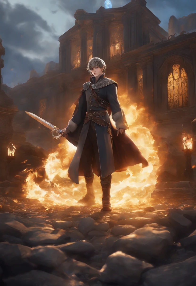 Anime Handsome Boy Realistic Face、8K Ultra、fully body photo、Blue beret、Long brown T-shirt、Silver breastplate、Wearing a brown cloak、、Gray protector、Gray boots、Greek palaces、Holding a sword and a card、Magic flames are burning、A large crystal ball is falling on the ground、
Several corpses of monsters are falling(In the back、)