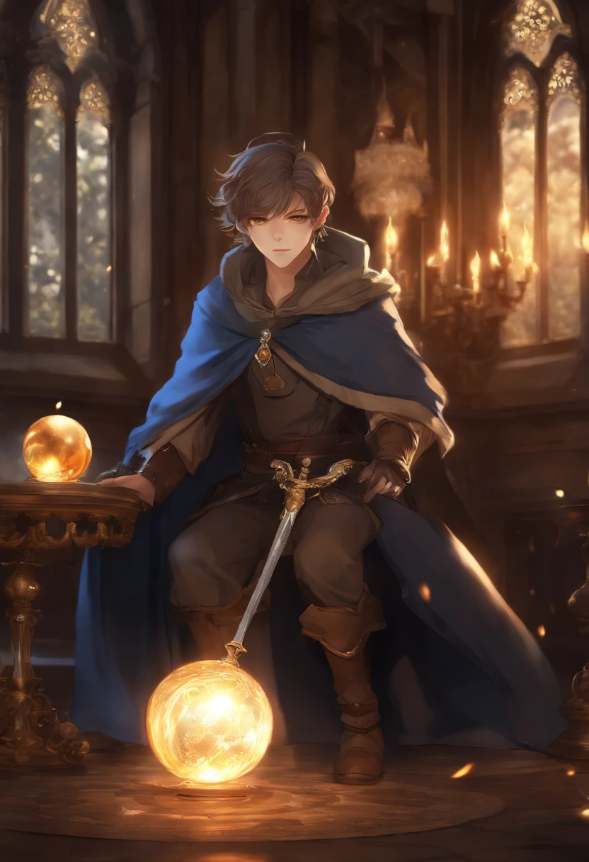 Anime Handsome Boy Realistic Face、8K Ultra、fully body photo、Blue beret、Long brown T-shirt、Silver breastplate、Wearing a brown cloak、、Gray protector、Gray boots、Greek palaces、Holding a sword and a card、Magic flames are burning、A large crystal ball is falling on the ground、
Several corpses of monsters are falling（In the back、）