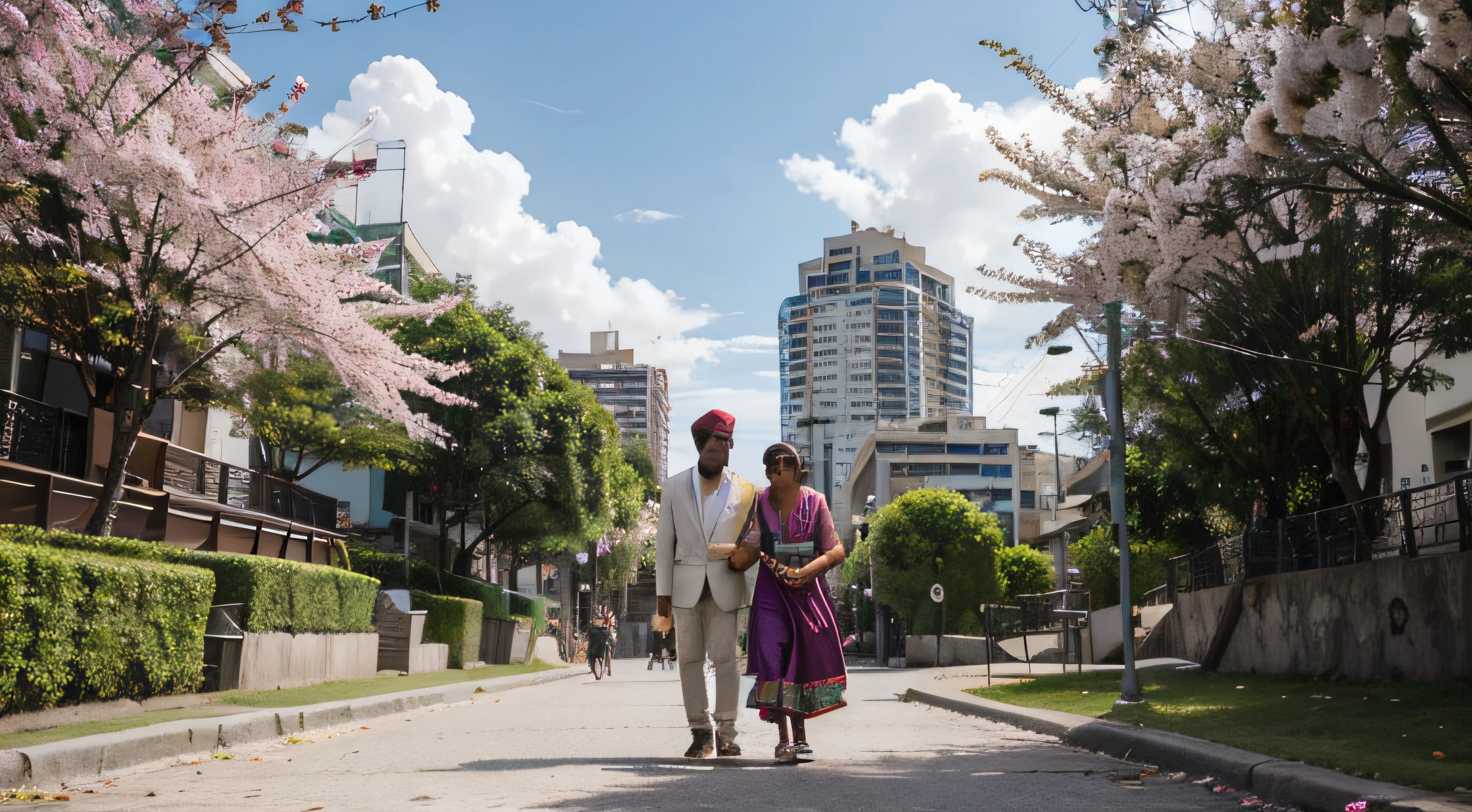 Um casal de indianos com um pequeno filho se divertindo no Prince Island, Calgary, Canada on a spring day, with flowering trees in the background, Appearing some buildings from the city center. O homem deve estar usando turbante. O filho deve estar brincando junto aos pais. The mother must also appear in the photo. Gansos canadenses nadando no rio Bow devem aparecer no fundo. 0 NeonMutation GrimKnights (CthuluBishop:1)