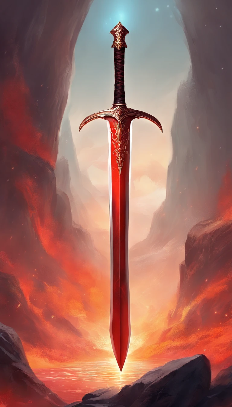 a big legendary sword with fiery details, red blade, uma gema vermelha no punho