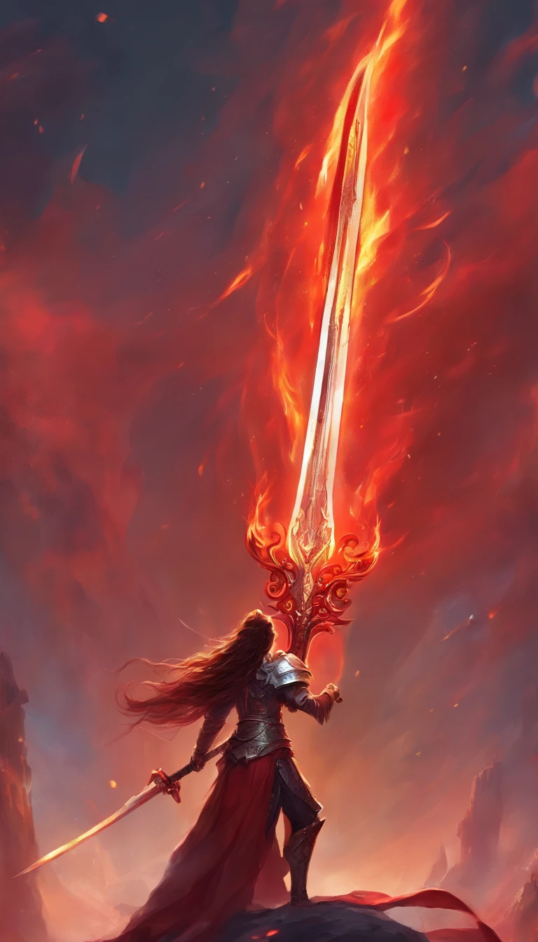 a big legendary sword with fiery details, red blade, uma gema vermelha no punho