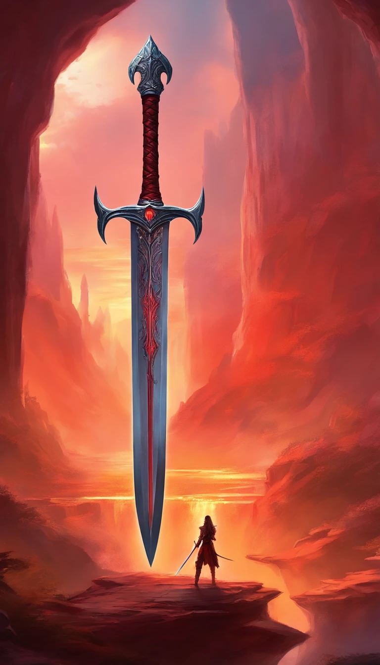 a big legendary sword with fiery details, red blade, uma gema vermelha no punho