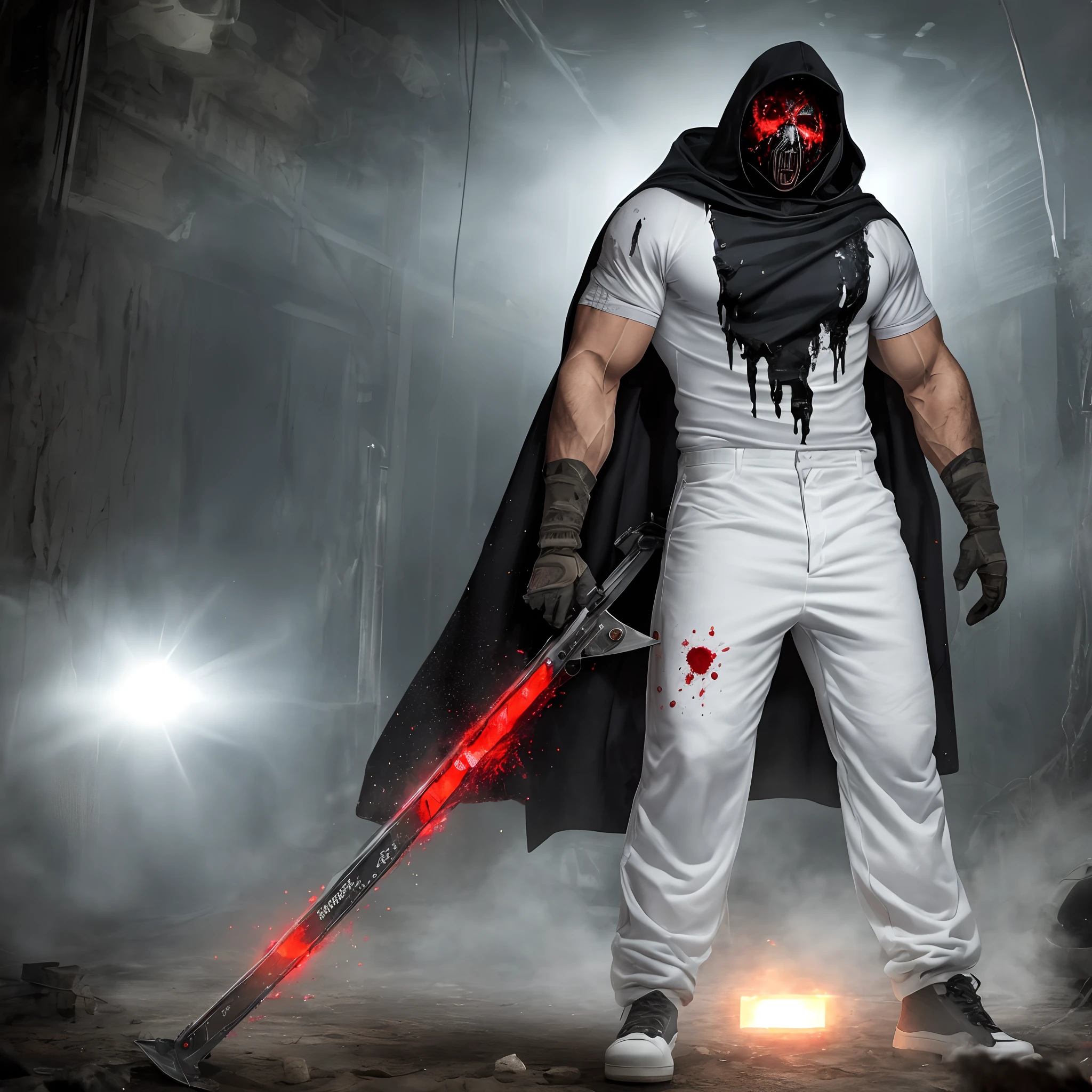 A very tall man, 8 feet tall, angry, has a long shirt on, a long robe type of shirt that's black, and also has white long pants, pants that reach the floor, also has really long arms, and has a really long and wide mouth, has no eyes, but has two dots, red in the center, also has black liquid dripping from eyes, high quality, high detail, extreme detail, 4K UHD, high definition, good quality, muscular, strong, has chainsaw in hand, has crossbow in other hand, angry, has blood on pants and shirt, killer, angry, upset, mad, full body, entire body, showing entire body, angry, good quality, high quality, only this man, horror, horror character inside of secret laboratory, underground creepy, atmosphere, light fog, full body high-quality, mask covering face, creepy looking mask mask has blood on it dripping blood high-quality high definition, dark laboratory, but not super dark man is muscular, but has robe covering his body but his body looks muscular and has white pants that is reaching the floor, long, white pants, long, white pants that resembles pajama pajama that has stars on it yellow stars, high definition and high-quality and extremely detailed stars. Chainsaw also has stars on it high detailed stars, Hyperrealistic.