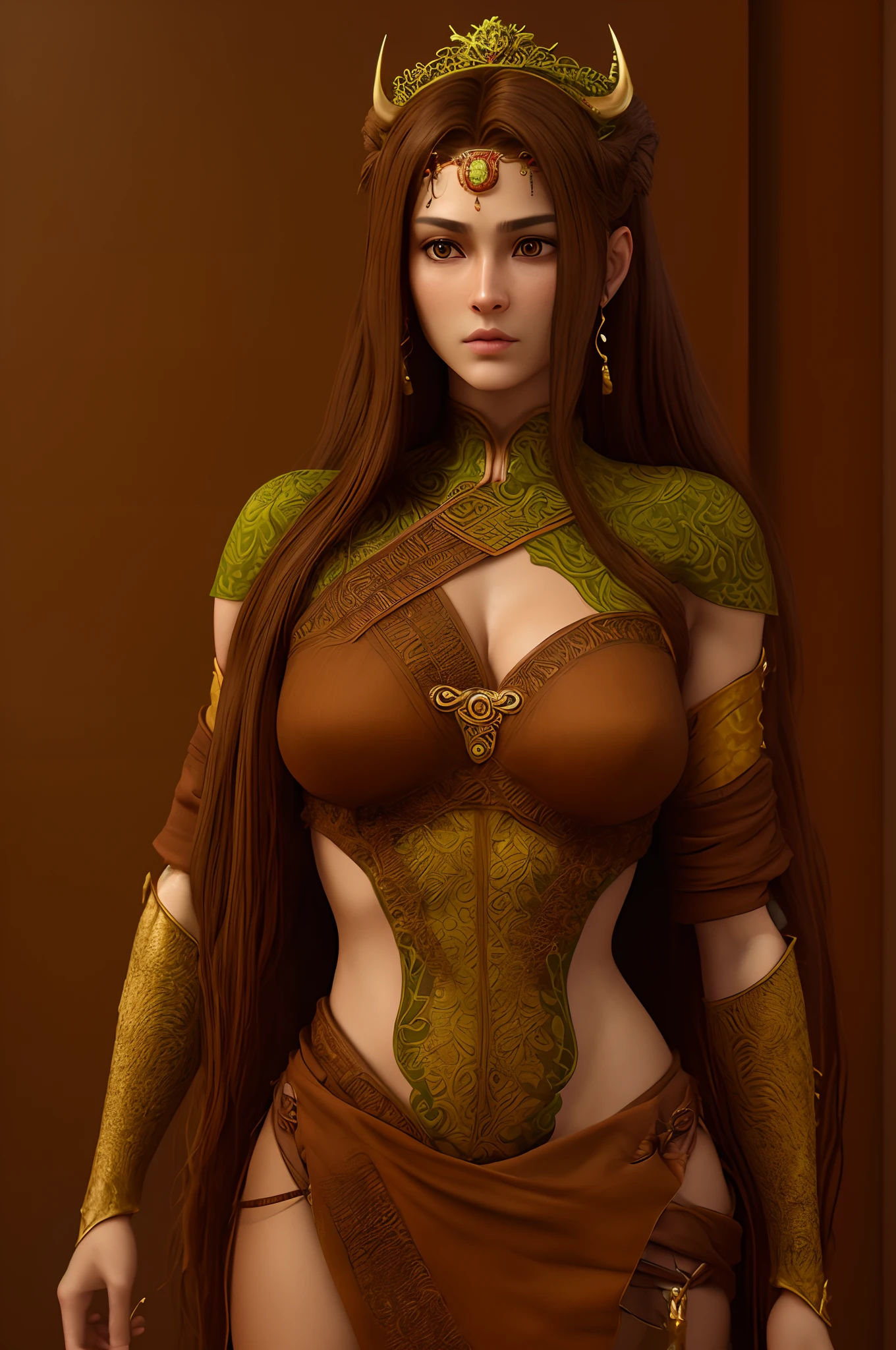 3d render, cgi, symetrical, octane render, 35mm, intricate details, hdr, intricate details, hyperdetailed, natural skin texture, hyperrealism, sharp, Female heroine with long, flowing, chestnut-brown hair and deep, thoughtful eyes. She has a sturdy and dependable build, radiating calm and stability. dons a verdant green and earthy brown suit adorned with natural textures, resembling the Earth itself. She wears a tiara with a prominent bull emblem. Wields a massive, enchanted staff made of wood and adorned with gemstones. She can command the earth and plants, manipulating them to create protective barriers and launch powerful attacks.