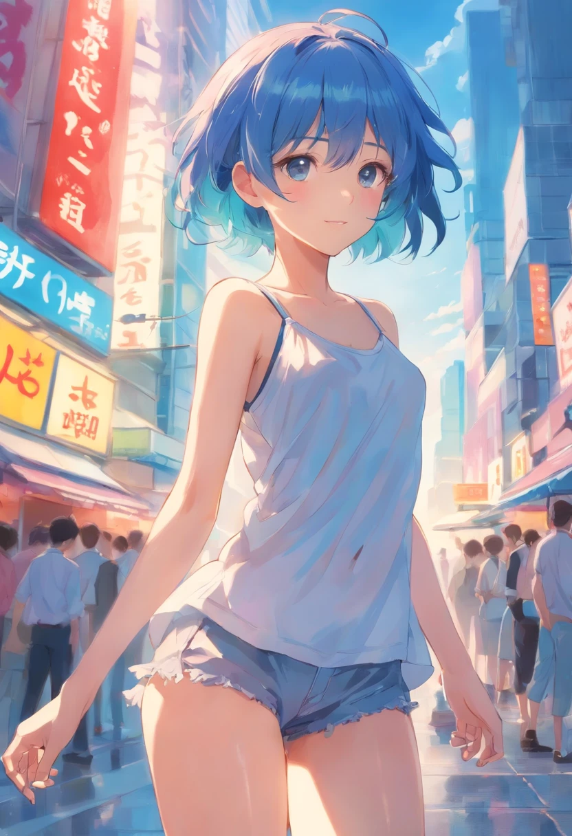 Clear the navel，Girl with a perverted view, The Manifestation of Pervert, Erotic and sexual position，small chest，Semi-nude clothes, Blue hair short masterpiece, Amazing art, delicate details, highly detail, complex details, Girly feeling, Pure desire, lovely, Young and beautiful,