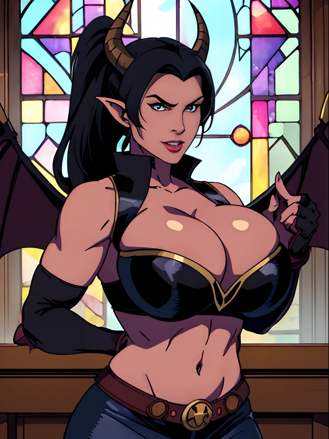 (masterpiece, top quality, best quality, official art, beautiful and aesthetic:1.2), (1girl:1.3), (black hair in big (ponytail)), extremely detailed, portrait, looking at viewer, solo, (full body:0.6), detailed background, close up, (hot medieval church theme:1.1), Tiefling, female, horns, tail, wings, long hair, tail, black hair, dragon girl, dragon horns, blood, scales, dragon wings, (((red skin), colored skin)), extremely Tiefling, charlatan, wicked grin, sultry smirk, forked tongue, mysterious, seducing in a cathedral, black ram horns, curled horns, curved horns, demon horns, skimpy leather (sports bra), sleeveless, fingerless gloves, claws, shotgun, ammo belt, shotgun shells, black leather, thong, thigh-high boots, bracers, boots, buckles, straps, ((((gigantic breasavage, skion)))), cute belly button, trim tummy, waist, slim hips, long legs, athletic, stained glass windows, candlelight, Medieval Europe, (Cathedral exterior:1.1) background, dark mysterious lighting, shadows, magical atmosphere, dutch angle