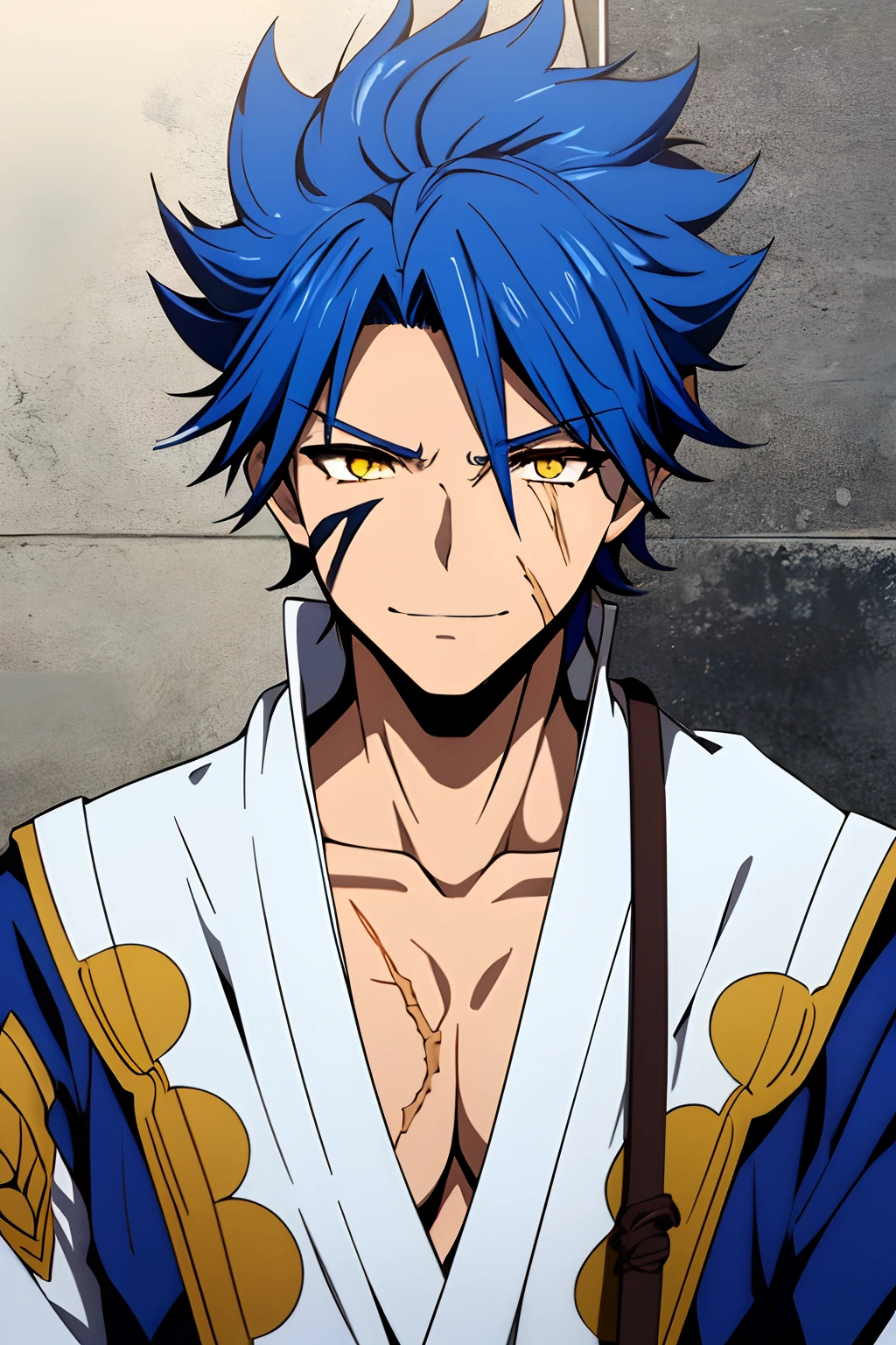 (masterpiece), (best quality), naotora_takeda, 1boy, solo, spiky hair, short hair, looking_at_viewer, blue hair, scar on face, fore_head, yellow_eyes, sidelocks, navy kimono, japanese_clothes, white armor, male forcus, smily face, opened mouth