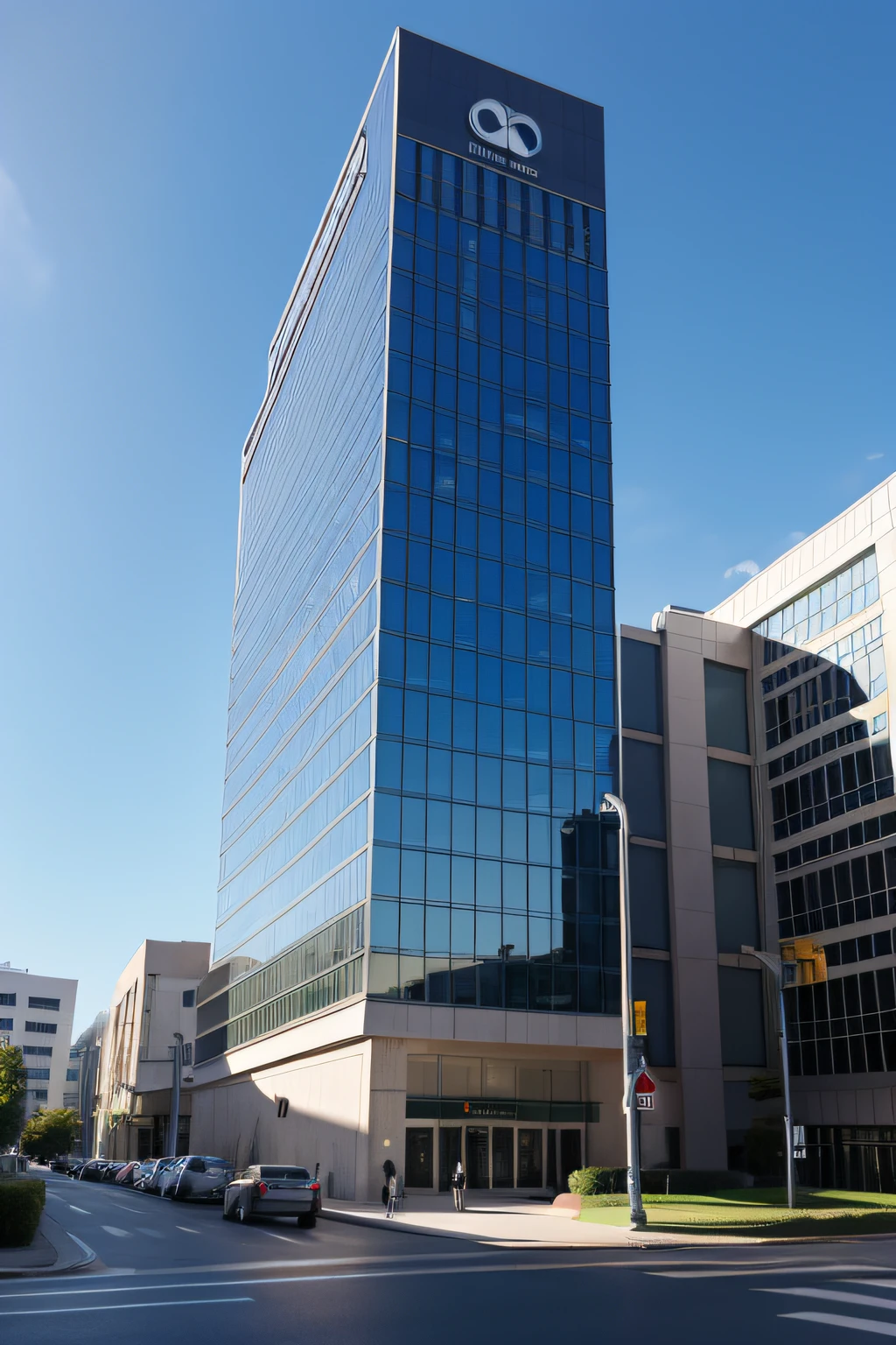 Exterior of the office building There are a few clouds in the sky The building logo is wider with RY pictures