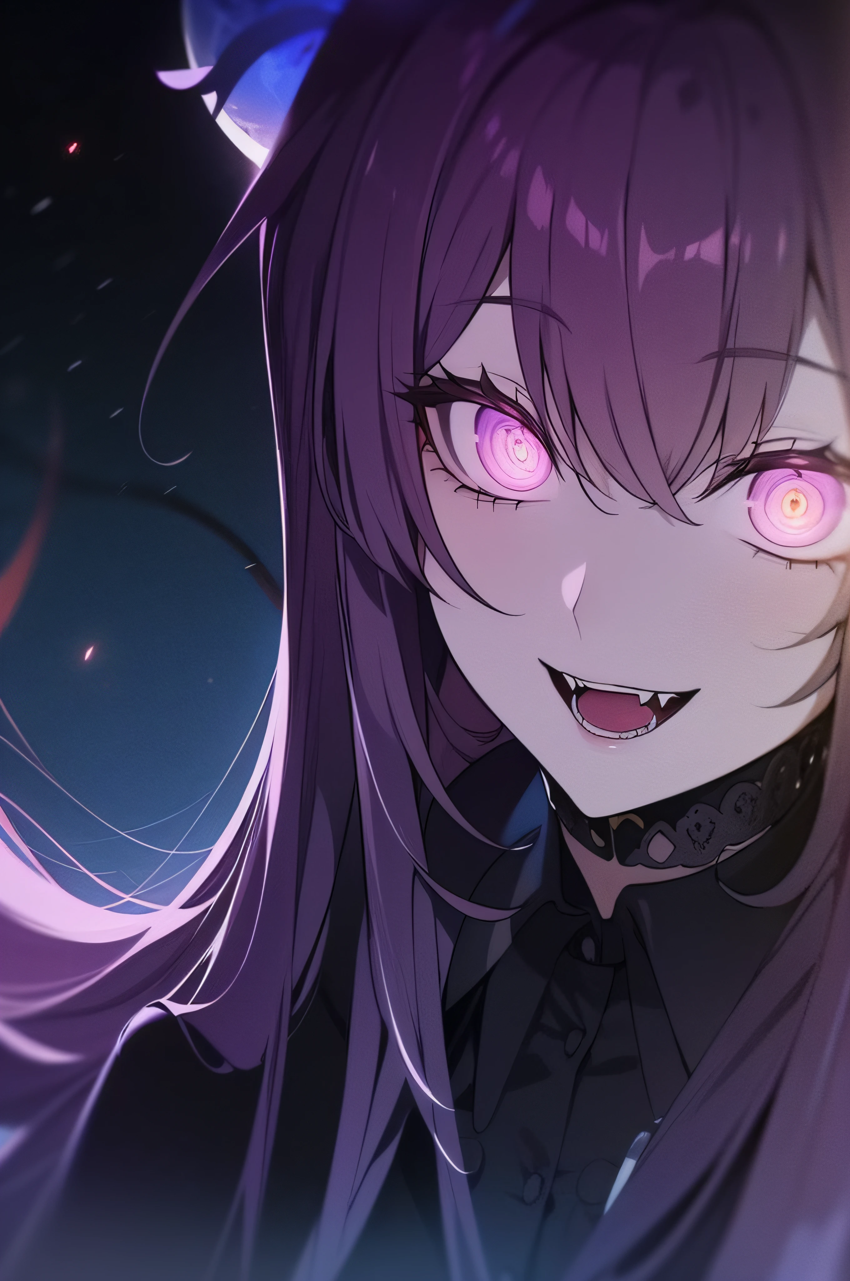 a close up of a woman with horns, glowing eyes, excited but crazy about you, swirling pupils, luminescence, vampire teeth, witch, supernatural, ghostly, alternative, apartment room, spooky Halloween time!, purple and oranges,