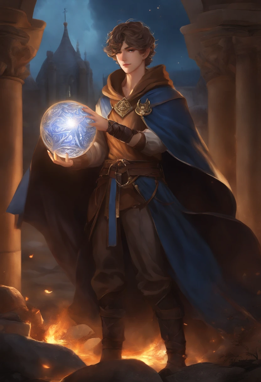 Anime Handsome Boy Realistic Face、8K Ultra、fully body photo、Blue beret、Long brown T-shirt、Silver breastplate、Wearing a brown cloak、、Gray protector、Gray boots、Greek palaces、Hold 4 tarot cards、The card glows faintly.、Magic flames are burning、A large crystal ball is placed on the ground、The sword of the brave is stuck in the ground、 Several corpses of monsters are falling(In the back、)