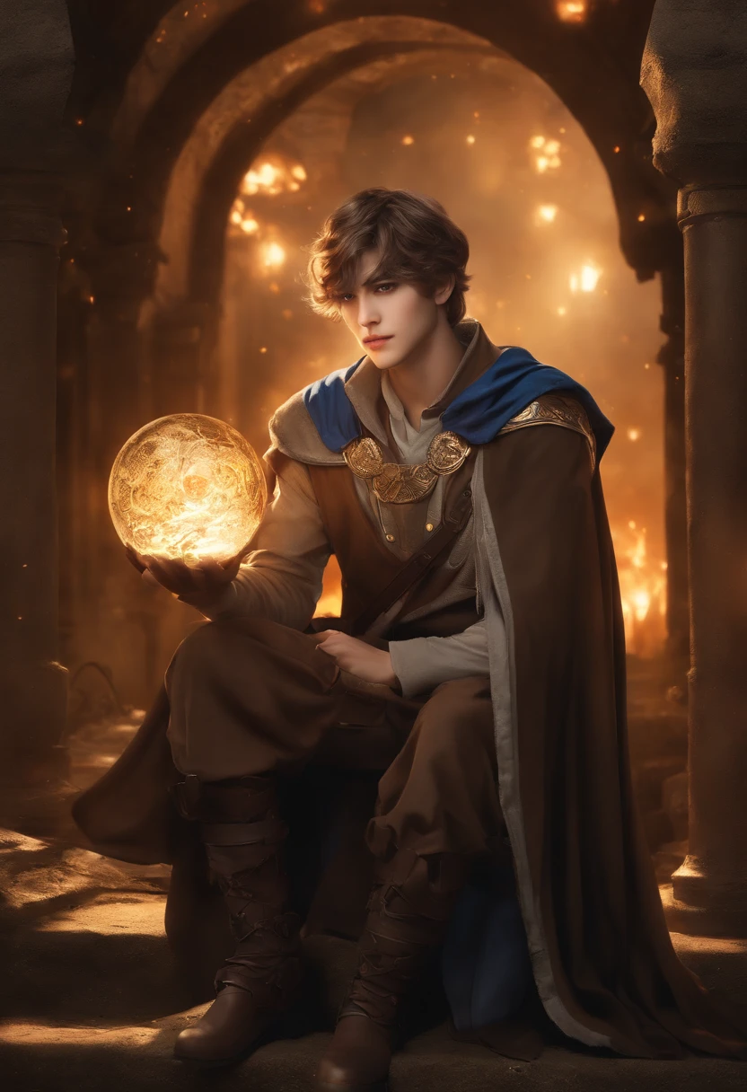 Anime Handsome Boy Realistic Face、8K Ultra、fully body photo、Blue beret、Long brown T-shirt、Silver breastplate、Wearing a brown cloak、、Gray protector、Gray boots、Greek palaces、Hold 4 tarot cards、The card glows faintly.、Magic flames are burning、A large crystal ball is placed on the ground、The sword of the brave is stuck in the ground、 Several corpses of monsters are falling（In the back、）