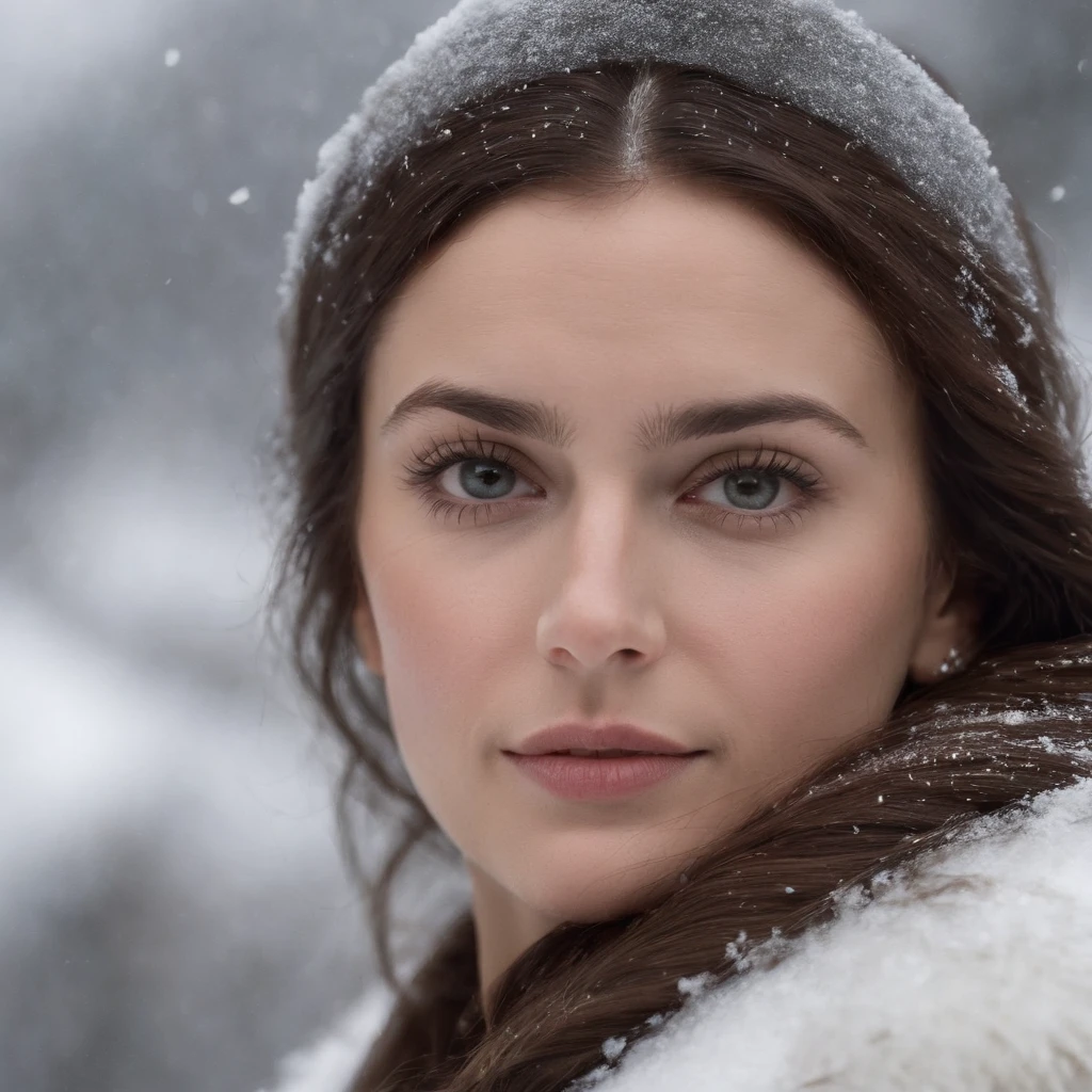 Mulher de 25 anos em uma montanha gelada cheia de neve perto de uma barraca, Her face is almost freezing and snow is on her glass She looks too cold, foto ultra realista, she is looking at the camera, Part of his body found in front with the camera, looking straight into the camera