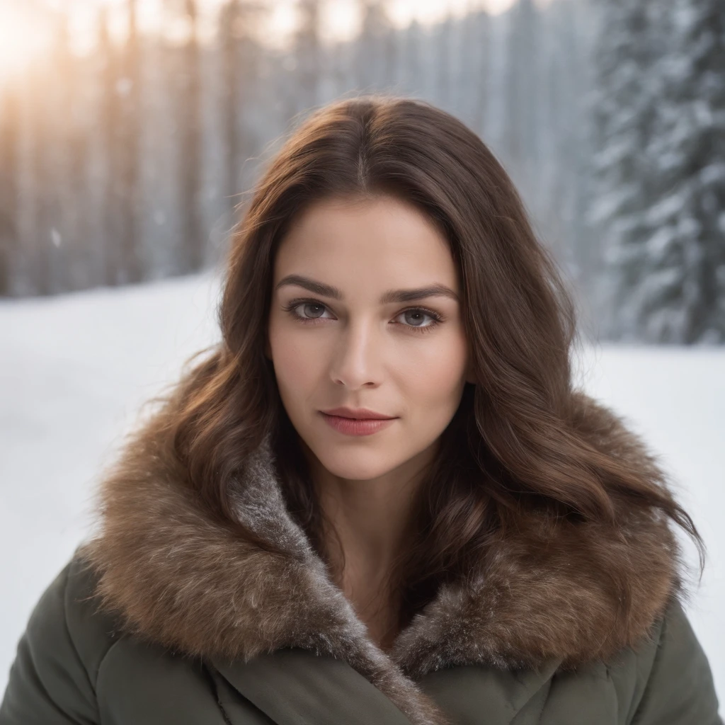 Mulher de 25 anos em uma montanha gelada cheia de neve perto de uma barraca, Her face is almost freezing and snow is on her glass She looks too cold, foto ultra realista, she is looking at the camera, Part of his body found in front with the camera, looking straight into the camera