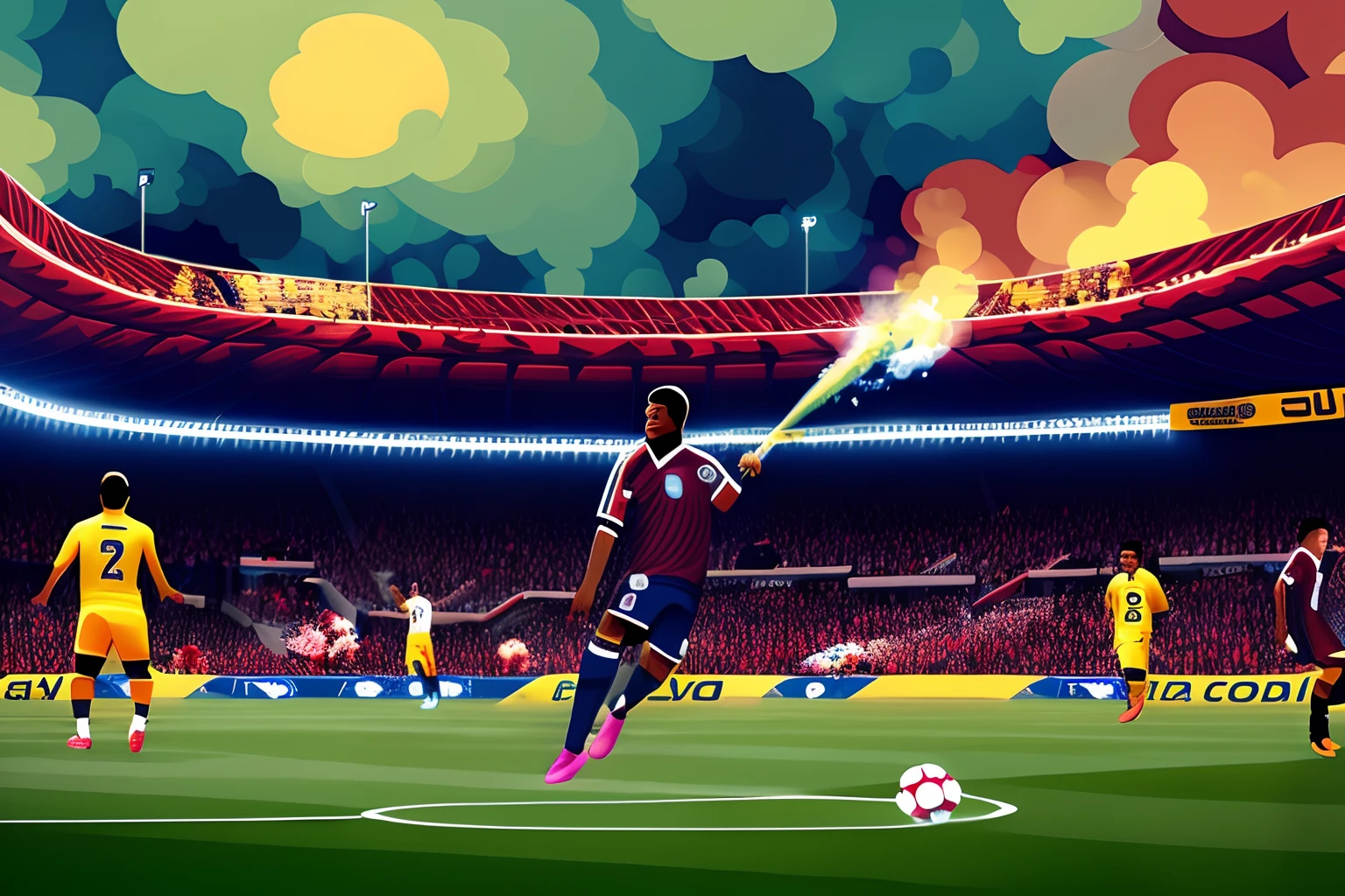 Gere uma imagem de uma bola de futebol pegando fogo descendo das nuvens
