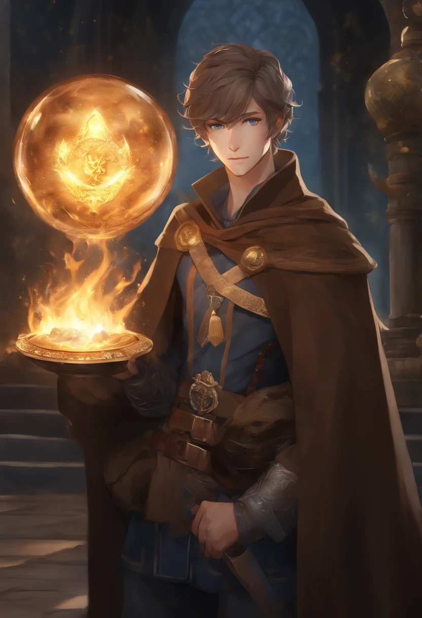 Anime Handsome Boy Realistic Face、8K Ultra、fully body photo、Wearing a blue beret、Brown shorthair、Long brown T-shirt、Silver breastplate、Wearing a brown cloak、、Gray protector、Gray boots、Greek palaces、Hold 4 tarot cards、The card glows faintly.、Magic flames are burning、A large crystal ball is placed on the ground、The sword of the brave is stuck in the ground、 Several corpses of monsters are falling(In the back、)