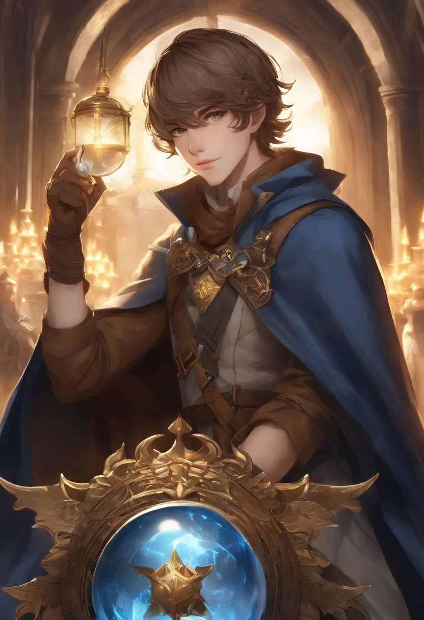 Anime Handsome Boy Realistic Face、8K Ultra、fully body photo、Wearing a blue beret、Brown shorthair、Long brown T-shirt、Silver breastplate、Wearing a brown cloak、、Gray protector、Gray boots、Greek palaces、Hold 4 tarot cards、The card glows faintly.、Magic flames are burning、A large crystal ball is placed on the ground、The sword of the brave is stuck in the ground、 Several corpses of monsters are falling(In the back、)