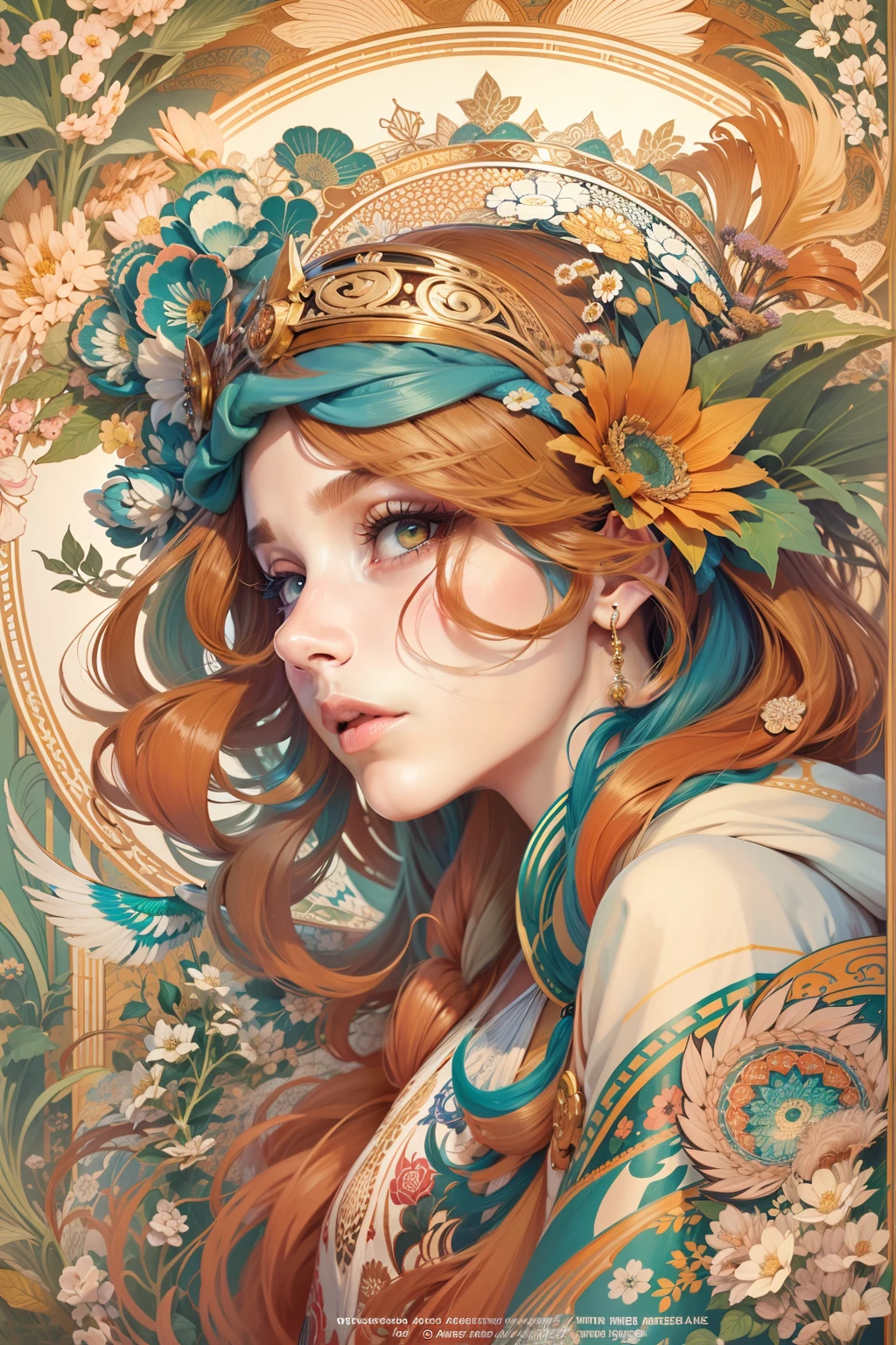 "Genshin, cabelos claros, Colorful book page art, fundo branco, arte de linha, Arte de linha limpa, Mandala para colorir com tema natural, arte de linha simples e limpa, coloring book page, adornado em estilo Art Nouveau, com um toque da pincelada de Alfons Mucha, detalhes intrincados perfeitos, Realistic."