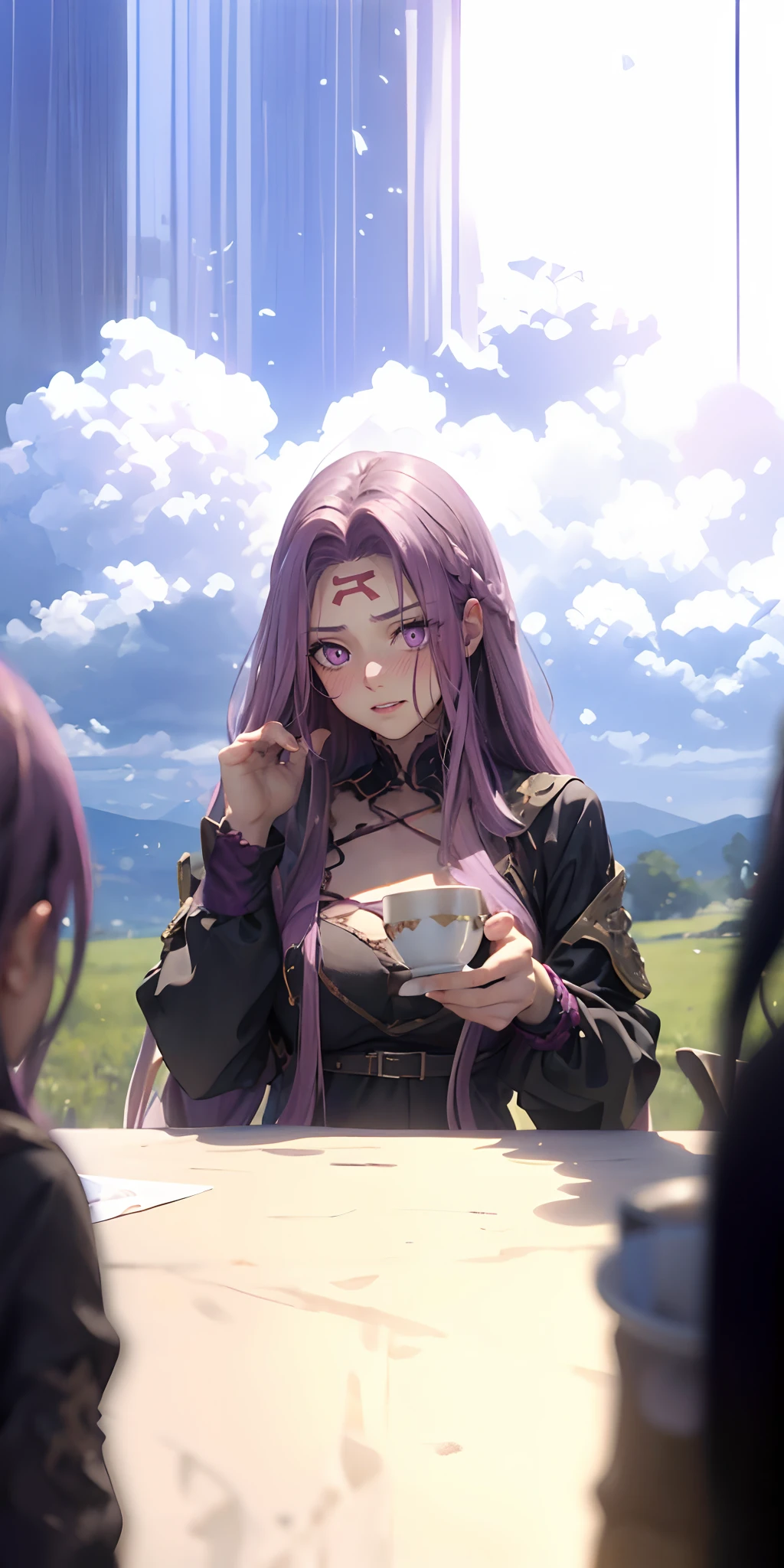 MedGorg, (long hair, purple hair:1.6), purple eyes, breasts, epic art, fantasy, 1girl, blurry, cup, depth_of_field, solo, holding, looking_at_viewer, holding_cup, blurry_foreground, long_sleeves, day, dress, sky, cloud, upper_body, table, outdoors, cloudy_sky, teacup, breasts, virtual_youtuber, blurry_background, blue_sky, black_dress, plate, steam, "Photorealistic, Hyperrealistic, Hyperdetailed, analog style, soft lighting, subsurface scattering, realistic, heavy shadow, masterpiece, best quality, ultra realistic, 8k, golden ratio, Intricate, High Detail, film photography, soft focus", anime coloring, anime screencap, sweating, steaming body, fog