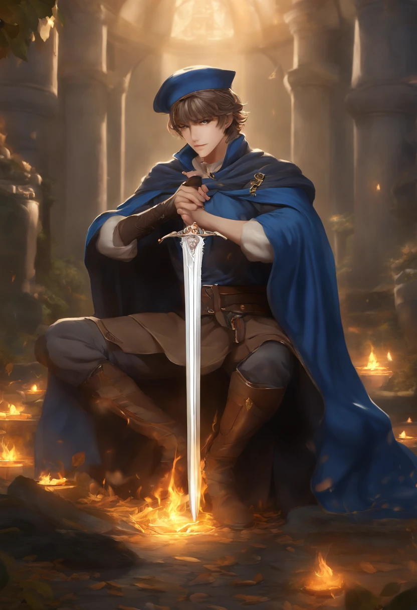 Anime Handsome Boy Realistic Face、8K Ultra、fully body photo、Wearing a blue beret、Brown shorthair、Long brown T-shirt、Silver breastplate、Wearing a brown cloak、、Gray protector、Gray boots、Greek palaces、Hold 4 tarot cards、The card glows faintly.、Magic flames are burning、The sword of the brave is stuck in the ground、 Several corpses of monsters are falling（In the back、）