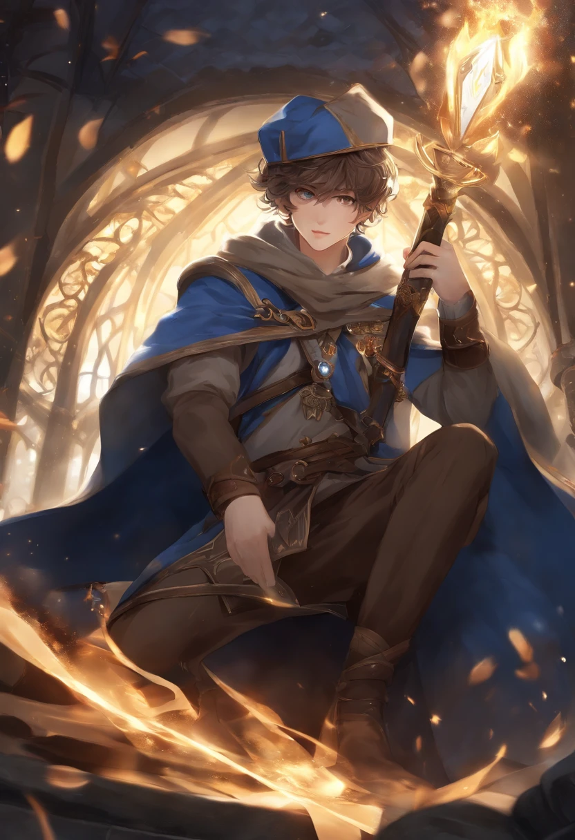 Anime Handsome Boy Realistic Face、8K Ultra、fully body photo、Wearing a blue beret、Brown shorthair、Long brown T-shirt、Silver breastplate、Wearing a brown cloak、、Gray protector、Gray boots、Greek palaces、Hold 4 tarot cards、The card glows faintly.、Magic flames are burning、The sword of the brave is stuck in the ground、 Several corpses of monsters are falling(In the back、)