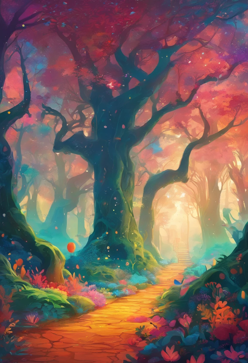 high qulity,8K,Mysterious Forest :1.5,Lots of creatures in the air,A wide variety of prehistoric plants,The colors are bright and rich,Various glowing creatures,Yayoi Kusama,Dreamy,Dreamlike scenery,Rich in color,Colorful colorful