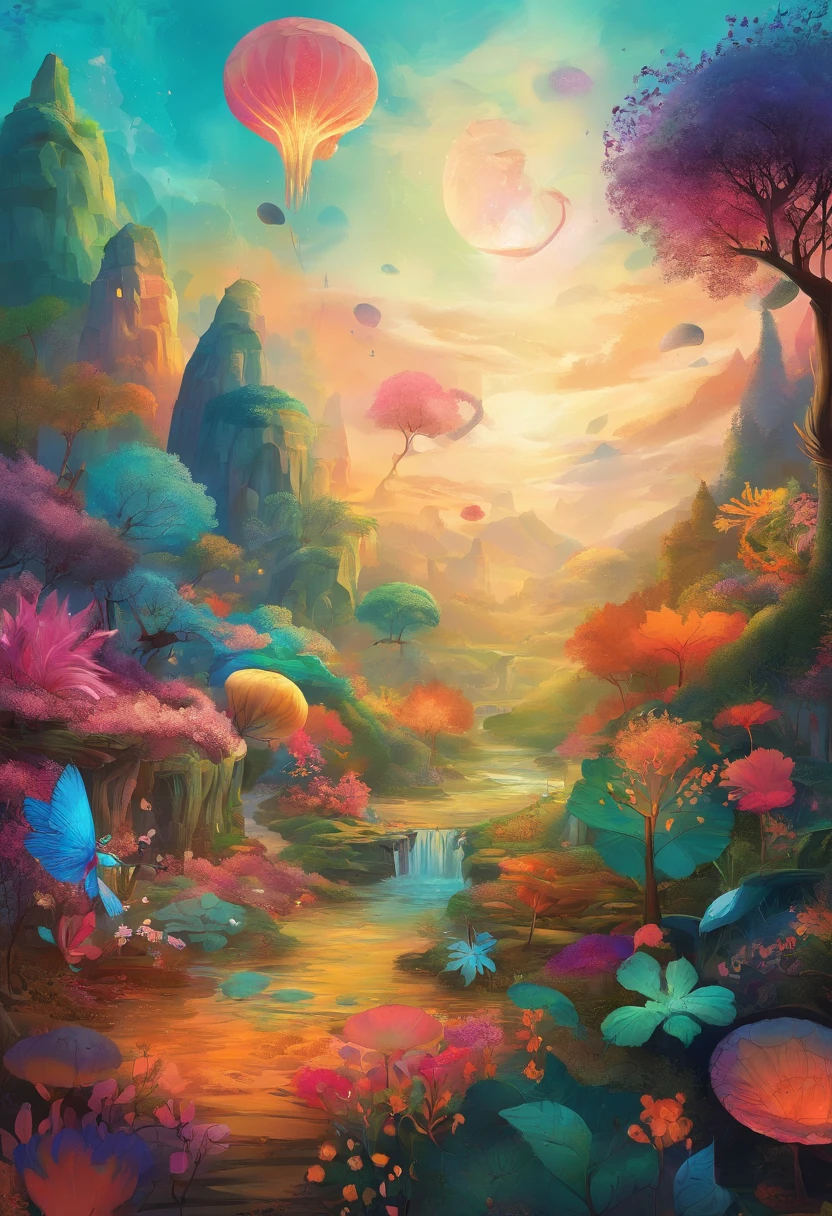 high qulity，8K，Mysterious Forest ：1.5，Lots of creatures in the air，A wide variety of prehistoric plants，The colors are bright and rich，Various glowing creatures，Yayoi Kusama，Dreamy，Dreamlike scenery，Rich in color，Colorful colorful