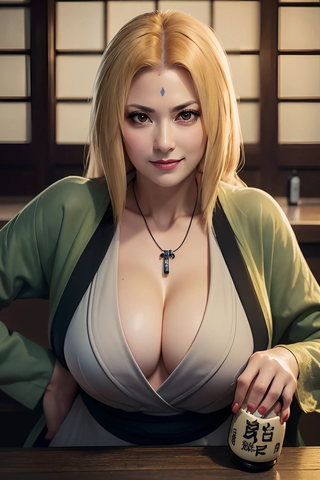 tsunade, large breasts, cleavage, collarbone,((tsun outfit)), (tsun jacket), (tsun necklace), mature woman, Seductive expression, looking at viewer, sitting at bar, indoors, daytime, (cowboy shot), (insanely detailed, beautiful detailed face, masterpiece, beautiful detailed eyes, best quality), huge breasts, ((seductive smile)), ultra high res,4K,ultra-detailed, photography, 8K, HDR, highres, (absurdres:1.2), Kodak portra 400, film grain, blurry background, (bokeh:1.2), lens flare, (vibrant_color:1.2),professional photograph, (beautiful_face:1.5),

,(((pov 1.3))), hand on hip, (((bottle of sake)))