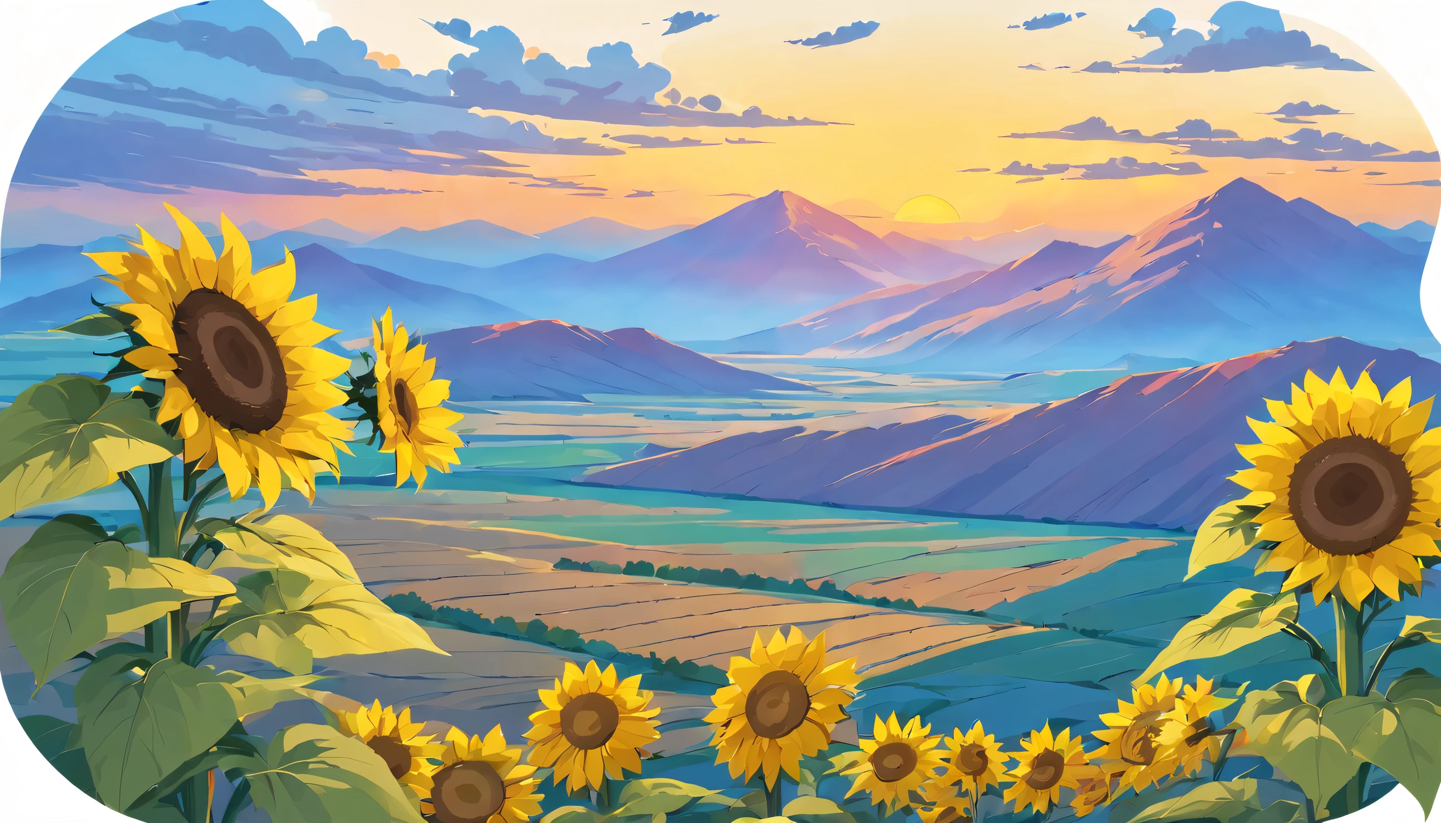 Desert in the distance Yellow River bend flowing through There is a large golden sunflower field in front Under the blue sky The scenery is beautiful Sunny Sunflower field Shinkai Makoto Stickers Flat style