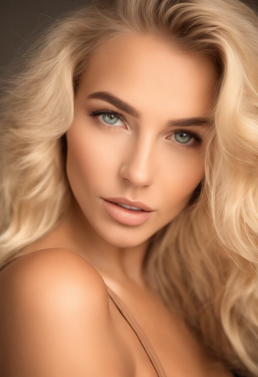 A stunning blonde woman aged between 25 to 30 years, designed using a precise facial model with specific geometric constraints to ensure consistency across different depictions. Her face is divided into a grid system that aligns key features in a proportional and symmetrical manner, following the golden ratio for facial length-to-width. Her long, flowing blonde hair frames her face with a natural shine, and the soft waves are meticulously detailed to reflect light consistently. Her naturally arched, well-groomed eyebrows maintain a precise distance from her large, almond-shaped hazel eyes, ensuring a balanced interocular distance. The eyes are rendered with detailed sclera and iris textures, with consistent light reflections for lifelike realism. The straight, well-proportioned nose features a nasal length aligned with the lip distance, with shadows falling naturally to enhance depth. Her full, naturally pink lips are slightly parted, with a defined cupid’s bow and subtle gloss, maintaining a soft curvature that complements her chin and jawline. High, well-defined cheekbones are highlighted with gentle shading, adding to her sculpted look while ensuring zygomatic width consistency. Her smooth, flawless skin texture is detailed with subtle pores and an even tone, preserving a youthful, radiant glow. Makeup is applied in natural tones, enhancing but not altering her appearance. Set against a luxury hotel lobby backdrop, the scene uses a soft frontal light source at a 45-degree angle to enhance her features without creating harsh shadows. The facial features are maintained even with slight changes in expression, ensuring that all renderings align with the established baseline model for ultimate consistency.