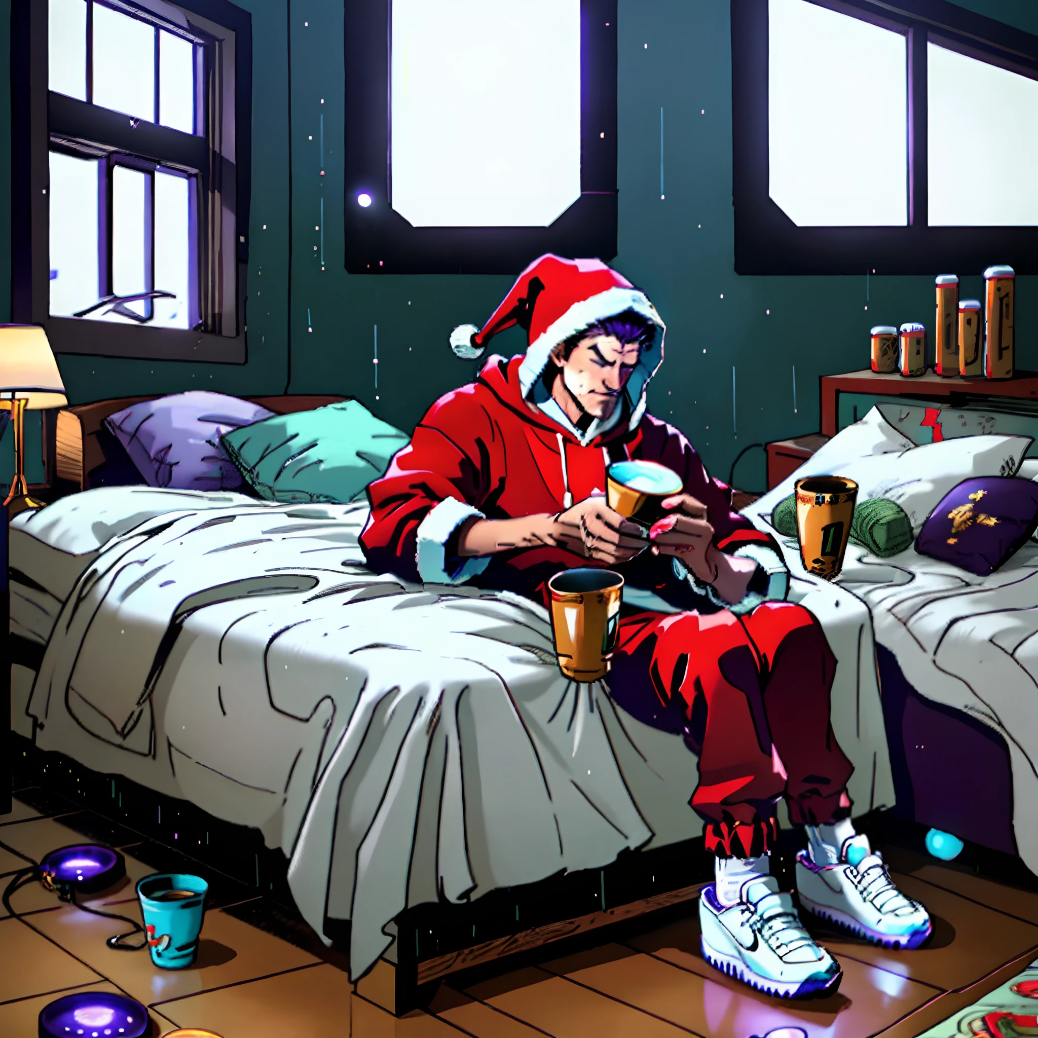 hyper realistic santa in his room sitting on his bed while it's raining outside the with purple tinted windows and he
looks sad and he's wearing a hoodie and
joggers with glowing red air force 1s and holding a white cup stacked on another white
cup with glowing purple juice in the inside and glowing pills on the floor