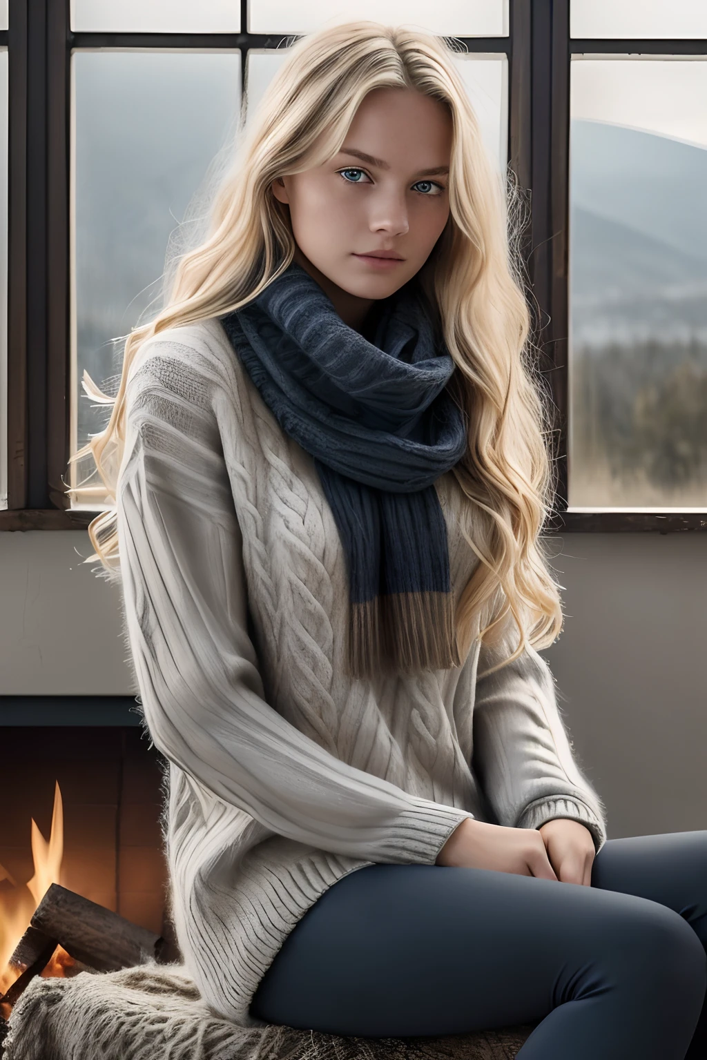 ((1girl in, 19, Solo, Long wavy blond hair, messy wind blown hair, blondehair, (dark blue eyes), Colossal tits, full body shot, (textured skin, skin pores:1.1))), imperfect skin, goosebumps, (she is sitting inside by a cozy fire), (there are winter mountains through the window, (extremely detailed 8k wallpaper), soft lighting, high quality, film grain, Fujifilm XT3 sharp focus, f 2.6, 135mm, High Detail, Sharp focus,(fire light), (seductive), Realistic, ultra realistic, photo realistic, crazy details, complex details, hyper detailed, (she is wearing a warm sweater: 1.5), (wearing a scarf & dark leggings: 1.1)