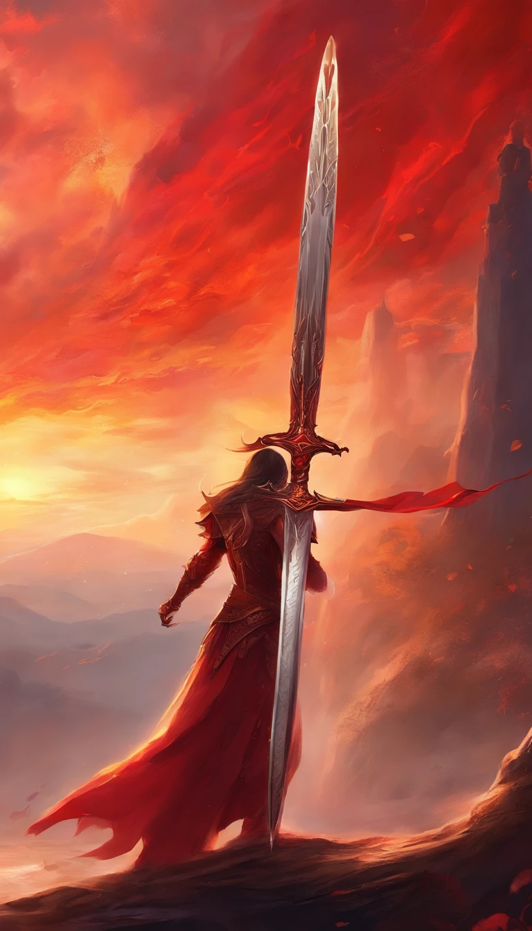 a big legendary sword with fiery details, red blade, uma gema vermelha no punho, A red light comes out of the blade as if it were on fire