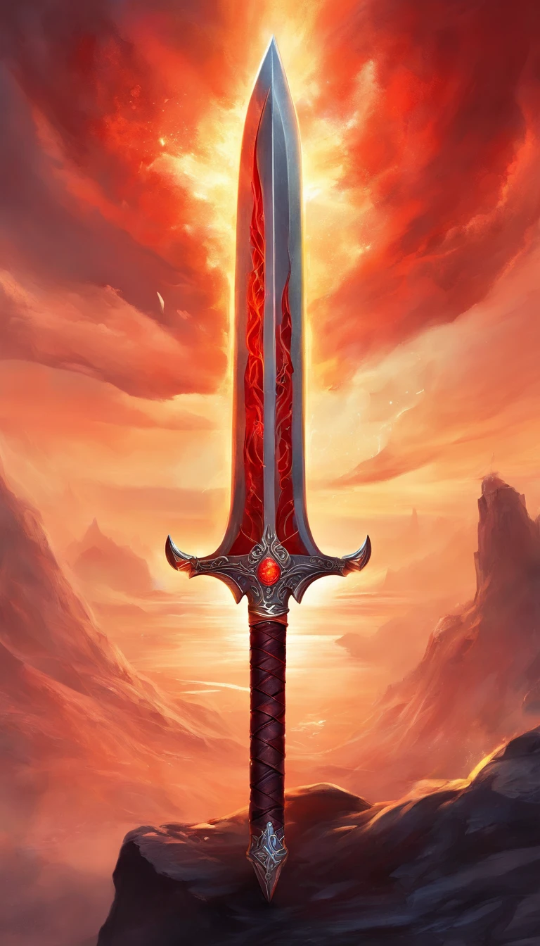 a big legendary sword with fiery details, red blade, uma gema vermelha no punho, A red light comes out of the blade as if it were on fire