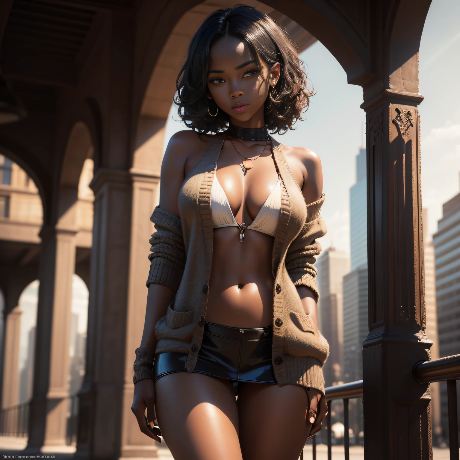 ((African dark skin, very deep ebony skin)), ((her beauty is undeniable)), ((excited cute face)), ((hyper detailed perfect eyes,)), ((cute pose)), ((tongue out)), ((seductive )), sexy, (( Solid Drop Shoulder Open Front Cardigan )), (( skin)), ((standing, front view)), ((touching her own legs in a sexy pose)), ((outdoors, public city)), sharp focus cgi, , high detail, , masterpiece, absurdres, best quality, HDR, high quality, high-definition, extremely detailed, 8k wallpaper, intricate details, 8K uhd, Full-HD, ( photo:1.2), contrast, harsh lighting, cinematic lighting, natural lighting, hard light, backlighting, global illumination, ambient occlusion