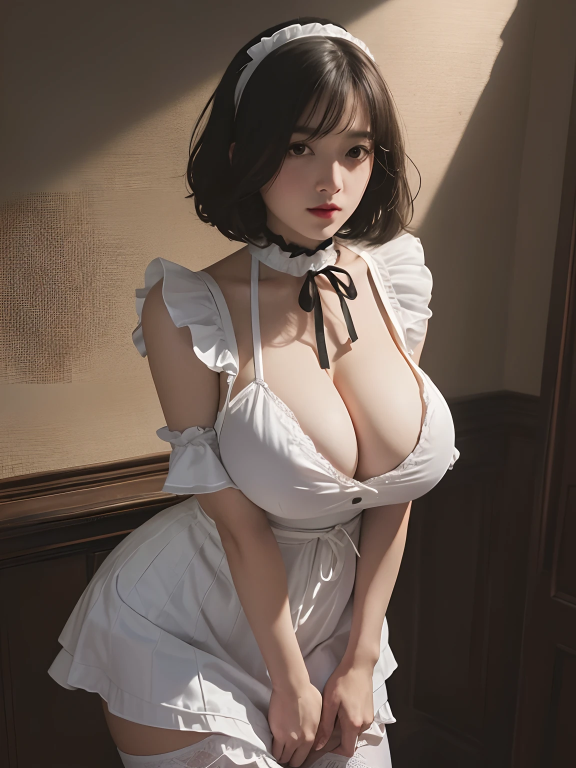 Best Quality, masutepiece, 超A high resolution, (Photorealistic:1.5), Raw photo, 1girl in, In the Dark, deepshadow, lowkey, cold light, Sexy look, bob cuts, (Huge breasts:1.4), Frill Gothic Maid Uniform, frilled miniskirt, Apron, White tights, Choker, corsets, Ribon tie, Beautiful eyes in every detail, sexy facial expression