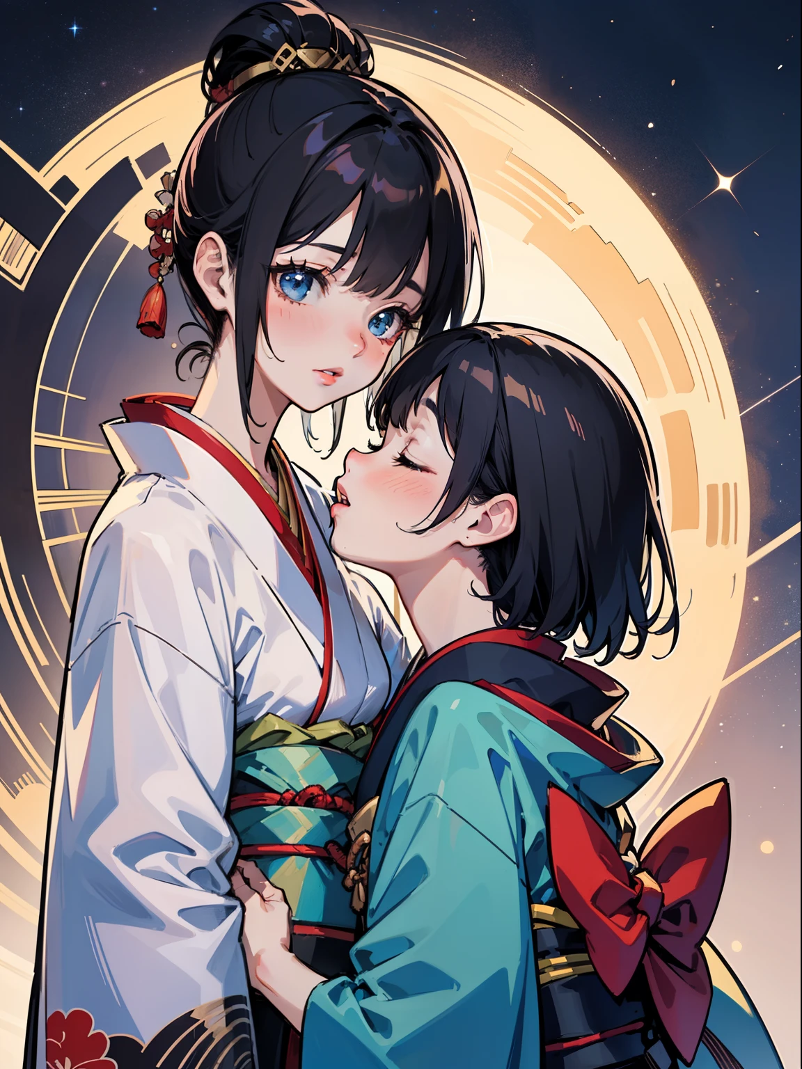 master-piece,hyper quality, hyper detailed,perfect drawing,two beautiful girls, lovers, dodging kisses, closing eyes, kimono beauty, kimono, kimono, kimono, black hair, japanese hair, half-open lips, sucking lips strongly, drooling, elegant, brilliant, beautiful, blush (0.2), gorgeous, beautiful, gorgeous, gentle, starry sky, milky way, summer triangle, Tanabata and bamboo ornaments, precise drawings, detailed drawings,