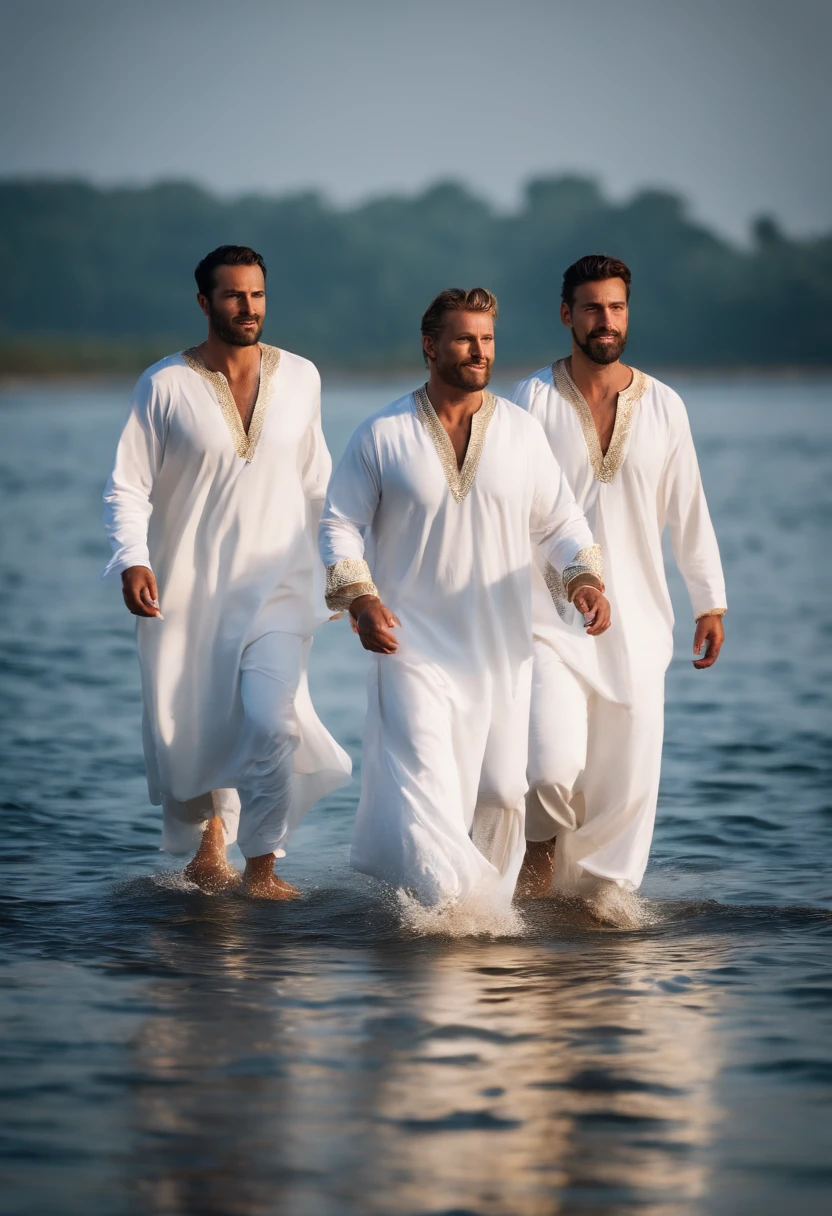 Three handsome men dressed in shiny white tunics walking on the water