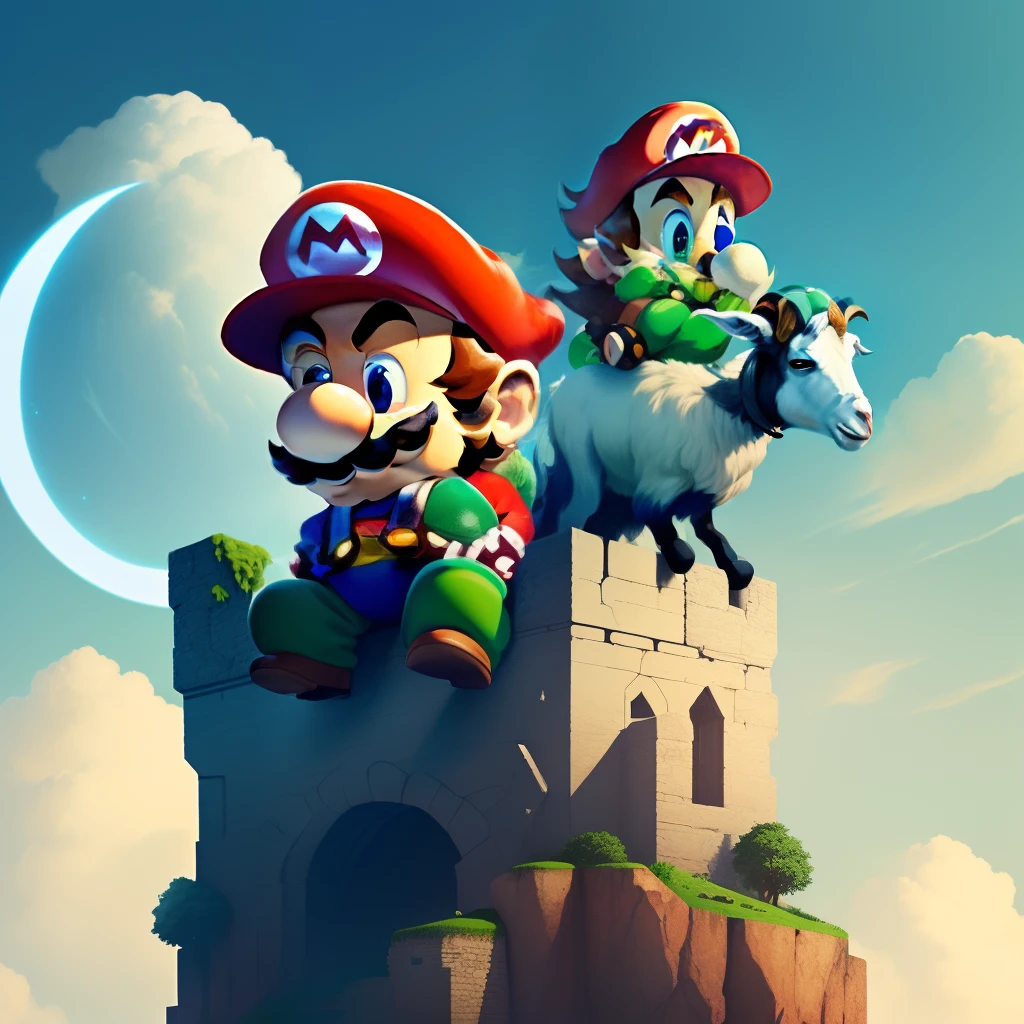 generates a pixal style image of Mario bros with a goat on a mountain