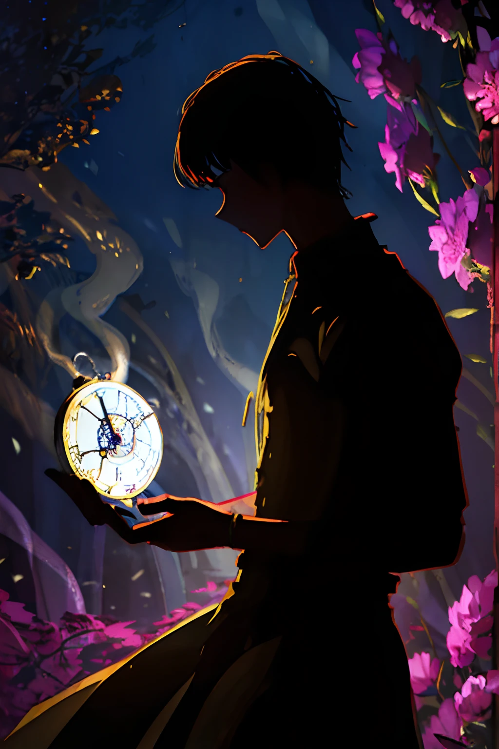 (best quality, high resolution, ultra-detailed, realistic: 1.37), silhouette of a man holding a striking pocket watch, surrounded by flowers, snakes and darkness, illustrative rendering, intricate details, mysterious atmosphere, vibrant colors, dynamic lighting , Gothic style