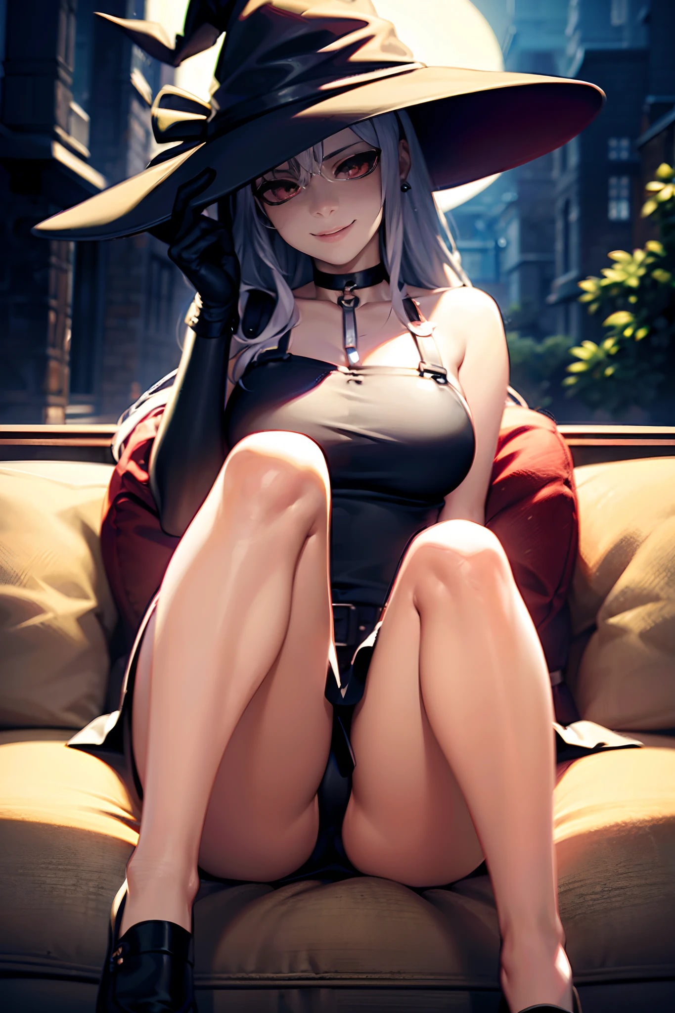 +Masterpiece, Best quality, Super detailed, A schoolgirl, Beautiful face, rich details, (Long white hair), Perfect face, overalls, Sitting, Close-up, Shabby sofa arcane, A woman with short pink hair in a white dress, Female face, unreal engine character art, The best quality of post-mortem images, Highly detailed, Masterpiece, Ultra-detailed, Cloud, witch_Hat, Hat, 1girll, sky, Blue_sky,day, Long_Hair, Cloudy_sky, Moon,Bird, Solo, Silver_Hair, witch, Outdoors girls under 1 year old, Anime Black Gloves, Coffee-colored hair, choker necklace, Earrings, mitts, jewelry, letterboxed, Mimic, Smile, Solo, Style_Mimic,