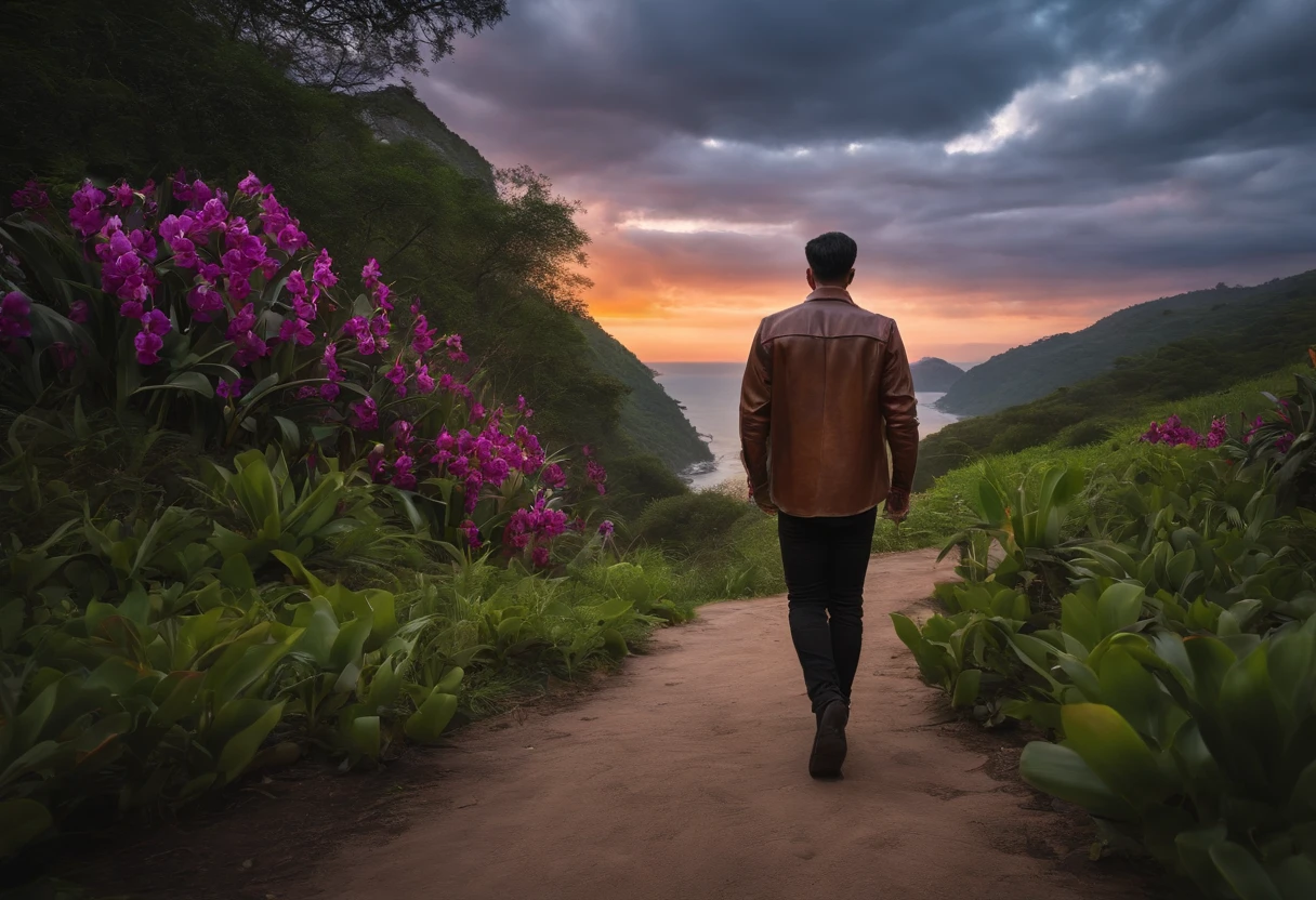 Create sharp, realistic 8k photos. A small Asian man far away on the horizon, wearing a brown leather shirt and black latex, stood looking far into the horizon, his hands in his pockets, behind his back were small, unique orchids of various yellow and purple colors. red pink white. In the distance is a road leading to the sunrise horizon