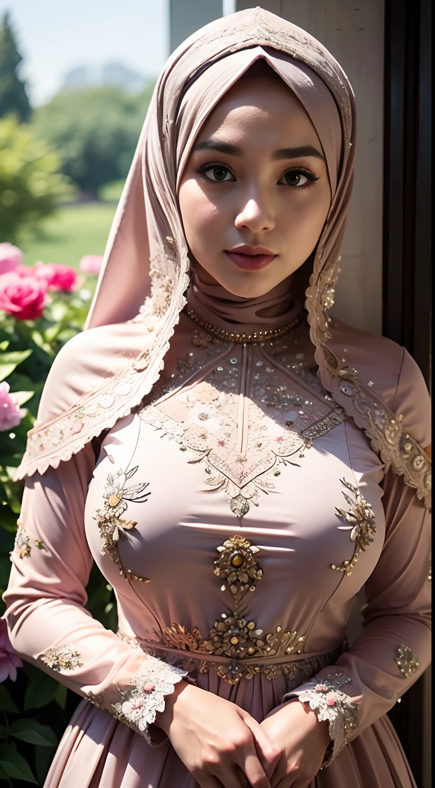 1 malay girl , modern plain hijab, shy, medium portrait shot , watery eyes ,lip watery, lip glossy, open mounth, ((big breast)),woman in a floral dress standing in a garden of flowers, modest flowing gown, beautiful detailed dress, intricate outfit, wearing beautiful clothes, intricate clothing, wearing a long flowery dress, wearing an ornate outfit, intricate detailed dress, intricate elegant, beautiful details, detailed dress, floral details, beautiful detail, ornate attire, intricate dress, flowery dress, beautiful clothes