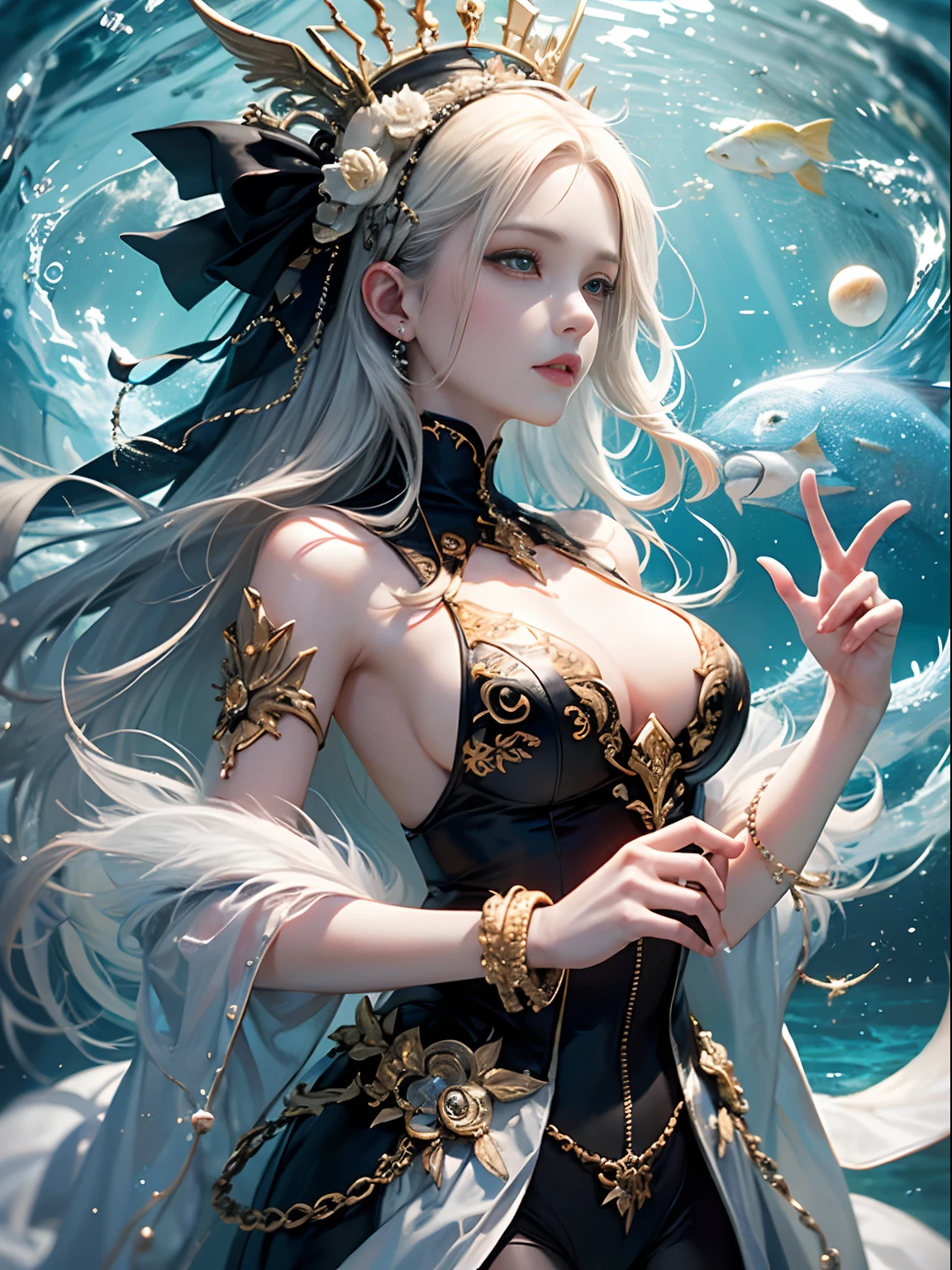 offcial art, Unity 8k壁纸, Ultra-detailed, Beautiful and aesthetically pleasing, tmasterpiece, best qualityer, (zentangle, datura, clew, meshing), (s fractal art: 1.3), curate,lewd nun, (Hairstyles: Long hair) Ocean, Extremely detailed, dynamic angle, Cowboy shot, The most beautiful forms of chaos, elegant, Fauvistdesign, vivd colour, romanticism lain, Seafoam, Buble, shells, Fish, pearls,bible,plumw,Vintage style